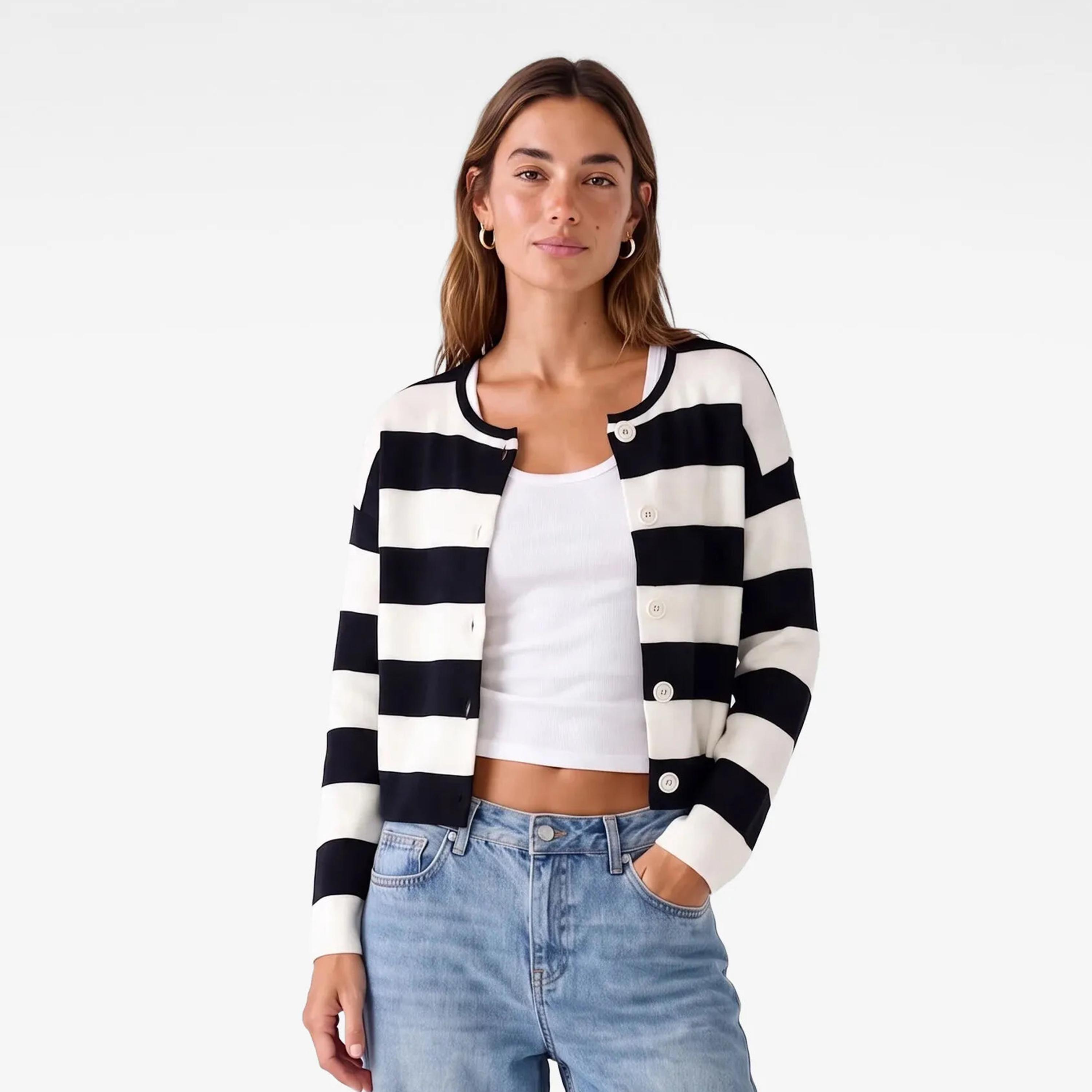 كارديجان حريمي مخطط باللون الكحلي بأكمام منسدلة من كوتون-women-winterwear-cardigansandjumpers-cardigans-image-1