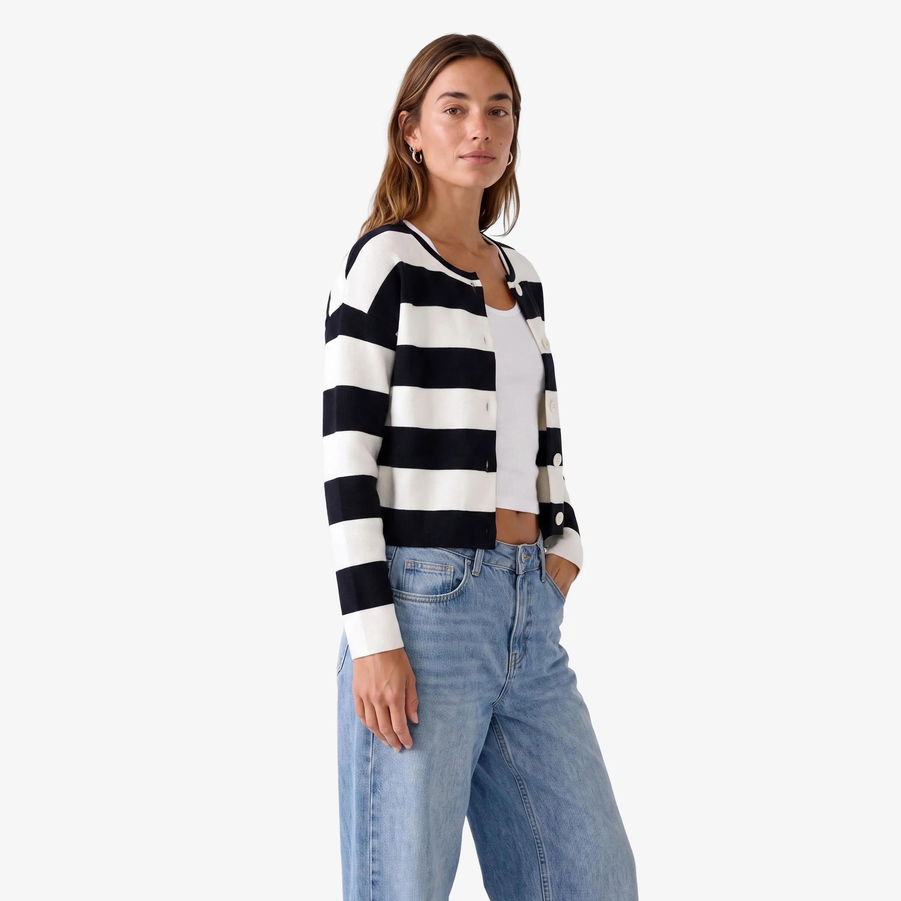كارديجان حريمي مخطط باللون الكحلي بأكمام منسدلة من كوتون-women-winterwear-cardigansandjumpers-cardigans-image-3