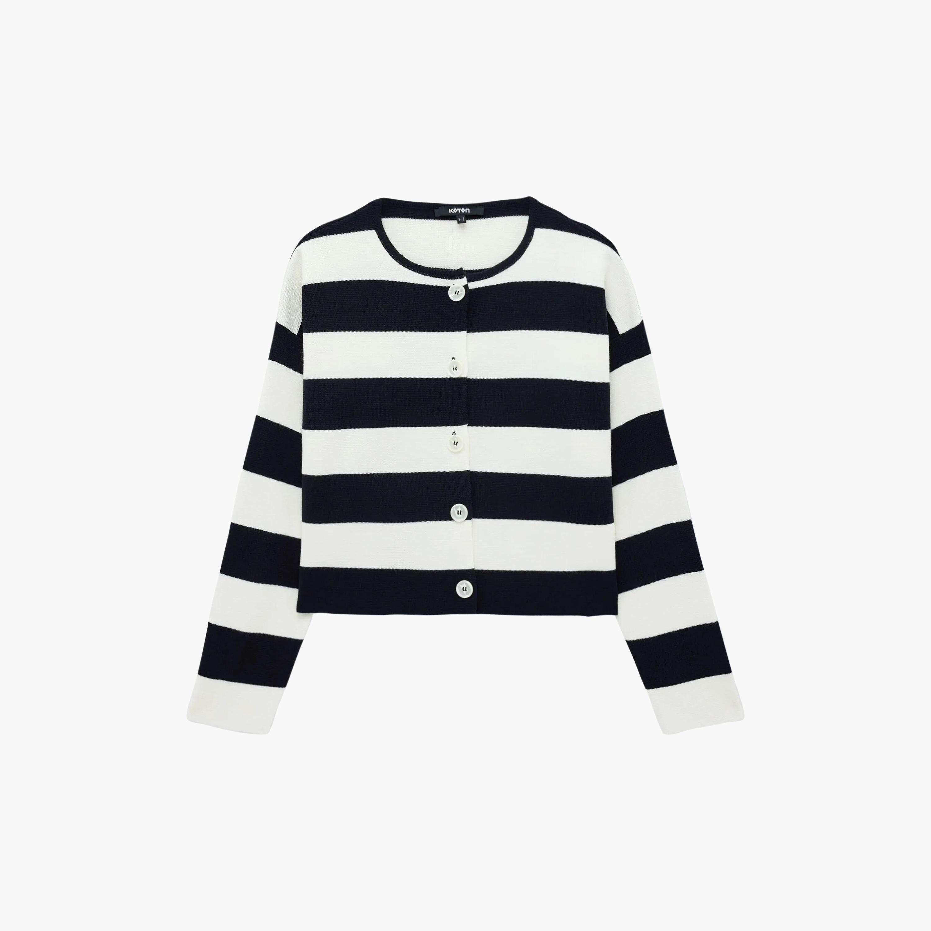 كارديجان حريمي مخطط باللون الكحلي بأكمام منسدلة من كوتون-women-winterwear-cardigansandjumpers-cardigans-image-6
