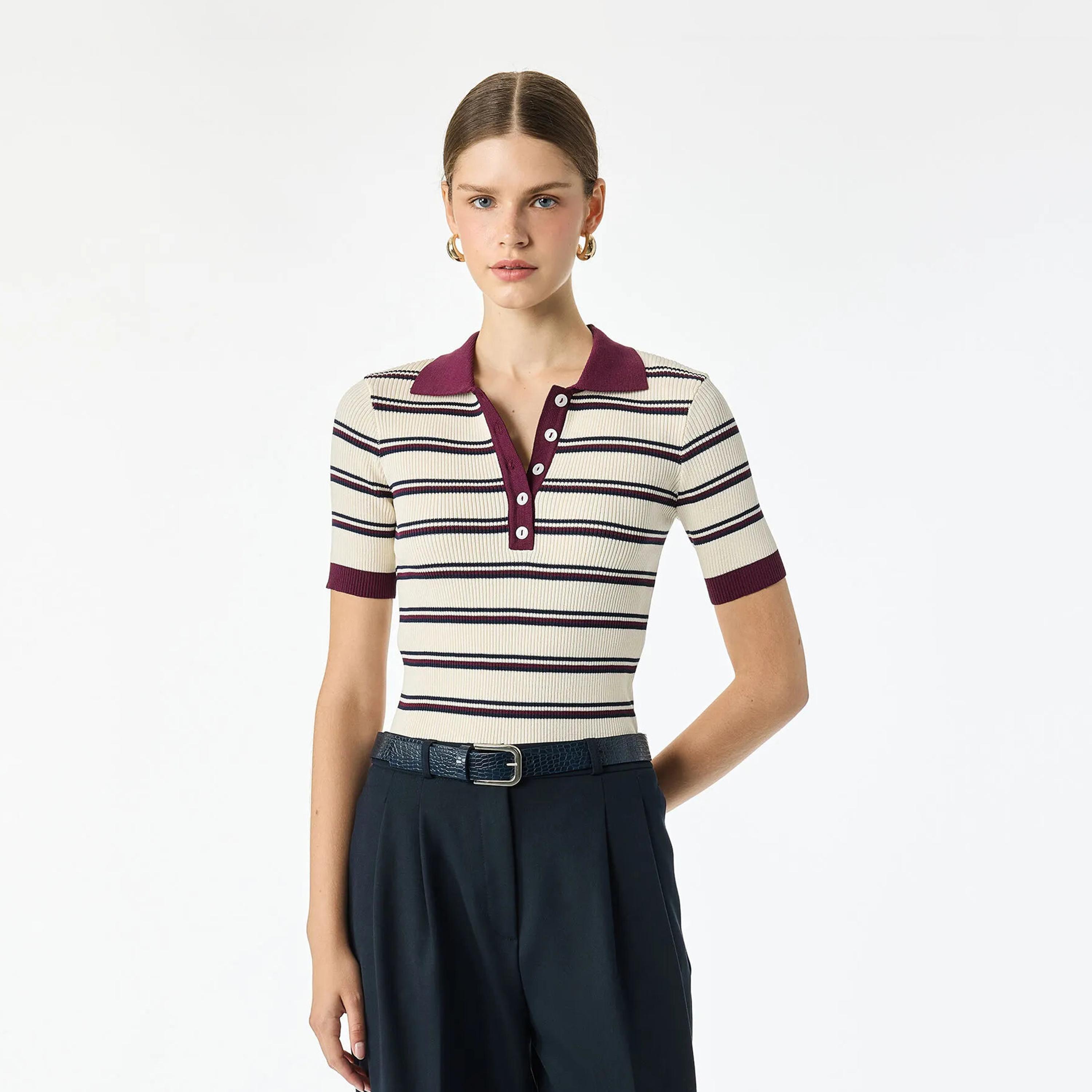 KOTON Burgundy Striped Collared Women's Polo Sweater-women-winterwear-cardigansandjumpers-jumpers-image-1