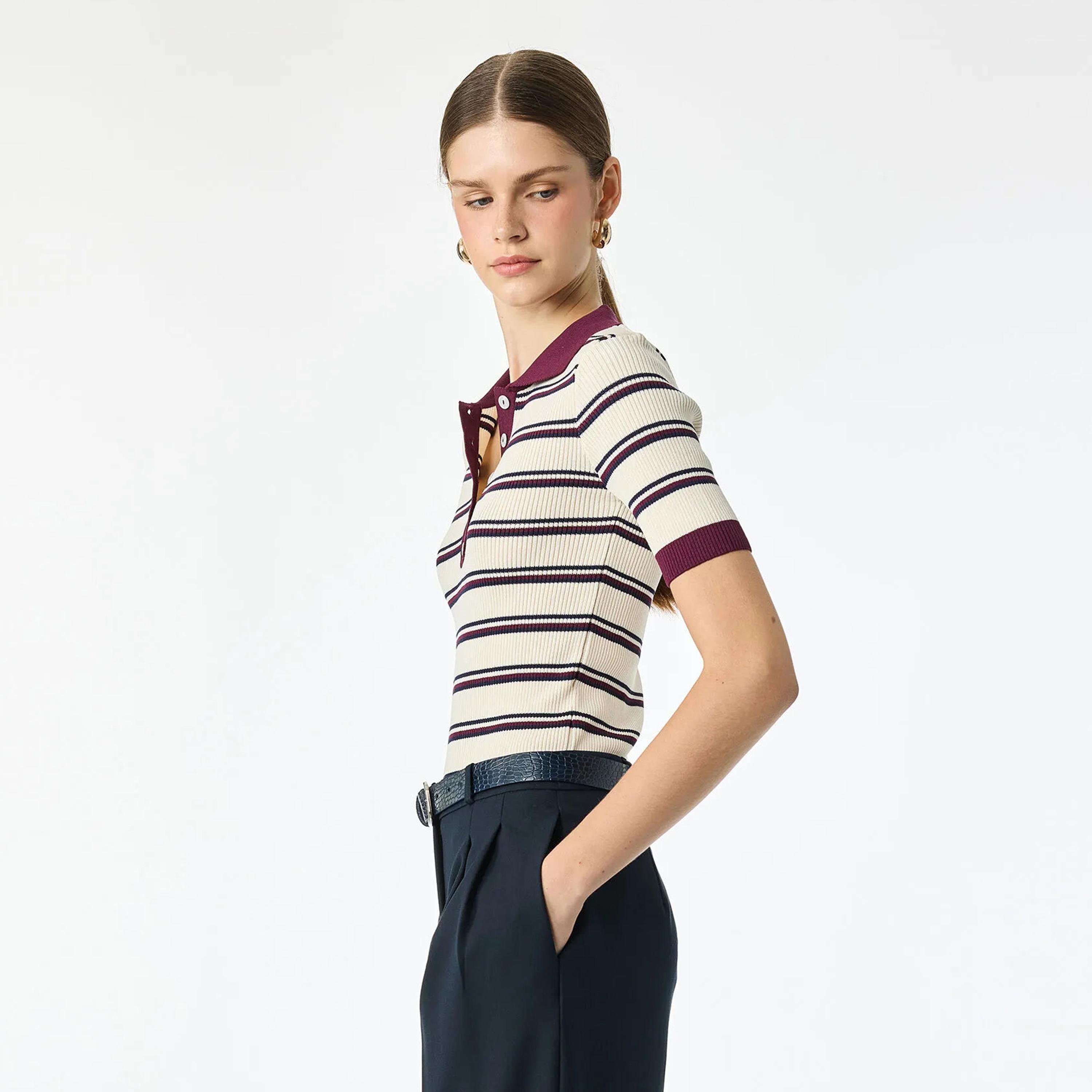 KOTON Burgundy Striped Collared Women's Polo Sweater-women-winterwear-cardigansandjumpers-jumpers-image-3