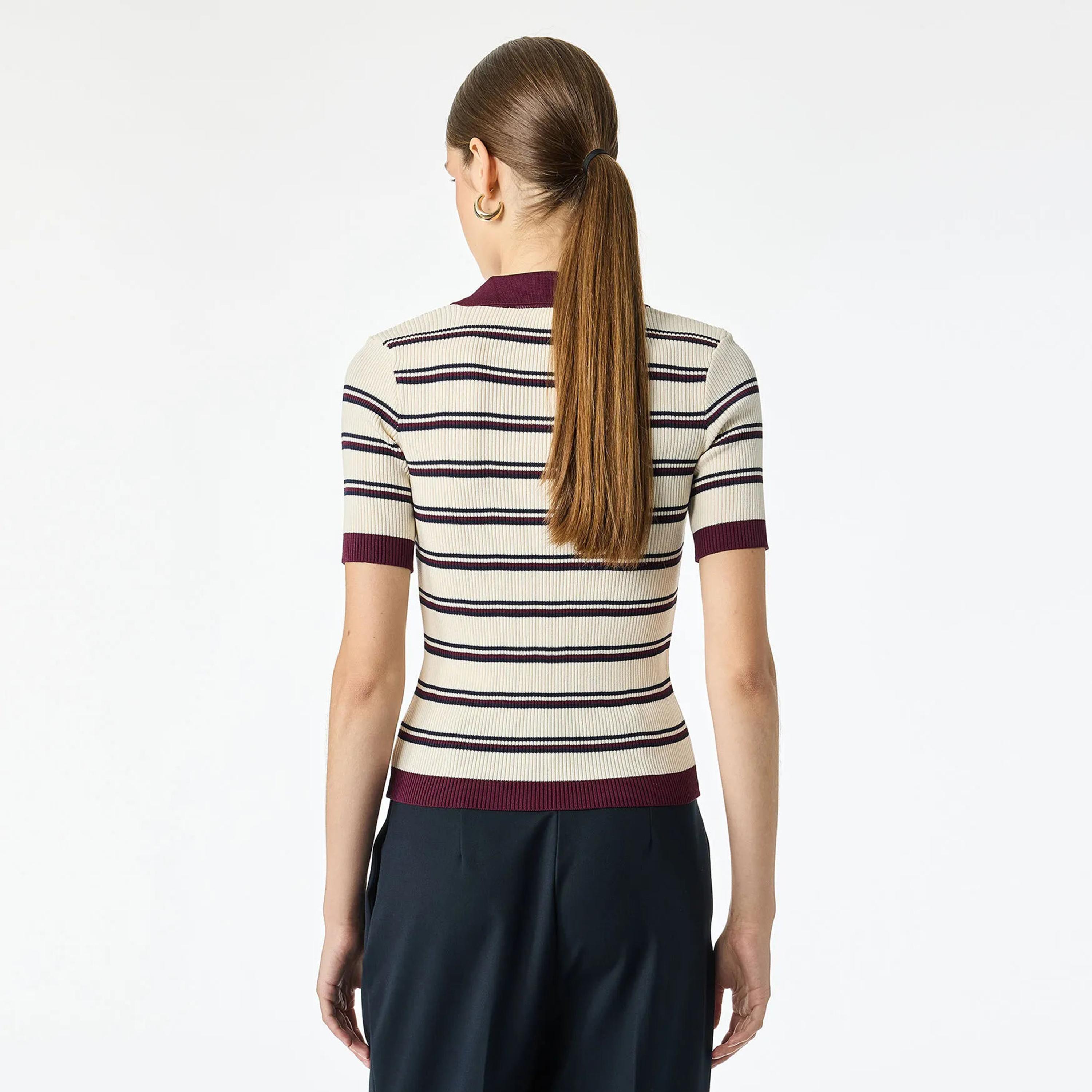 KOTON Burgundy Striped Collared Women's Polo Sweater-women-winterwear-cardigansandjumpers-jumpers-image-4
