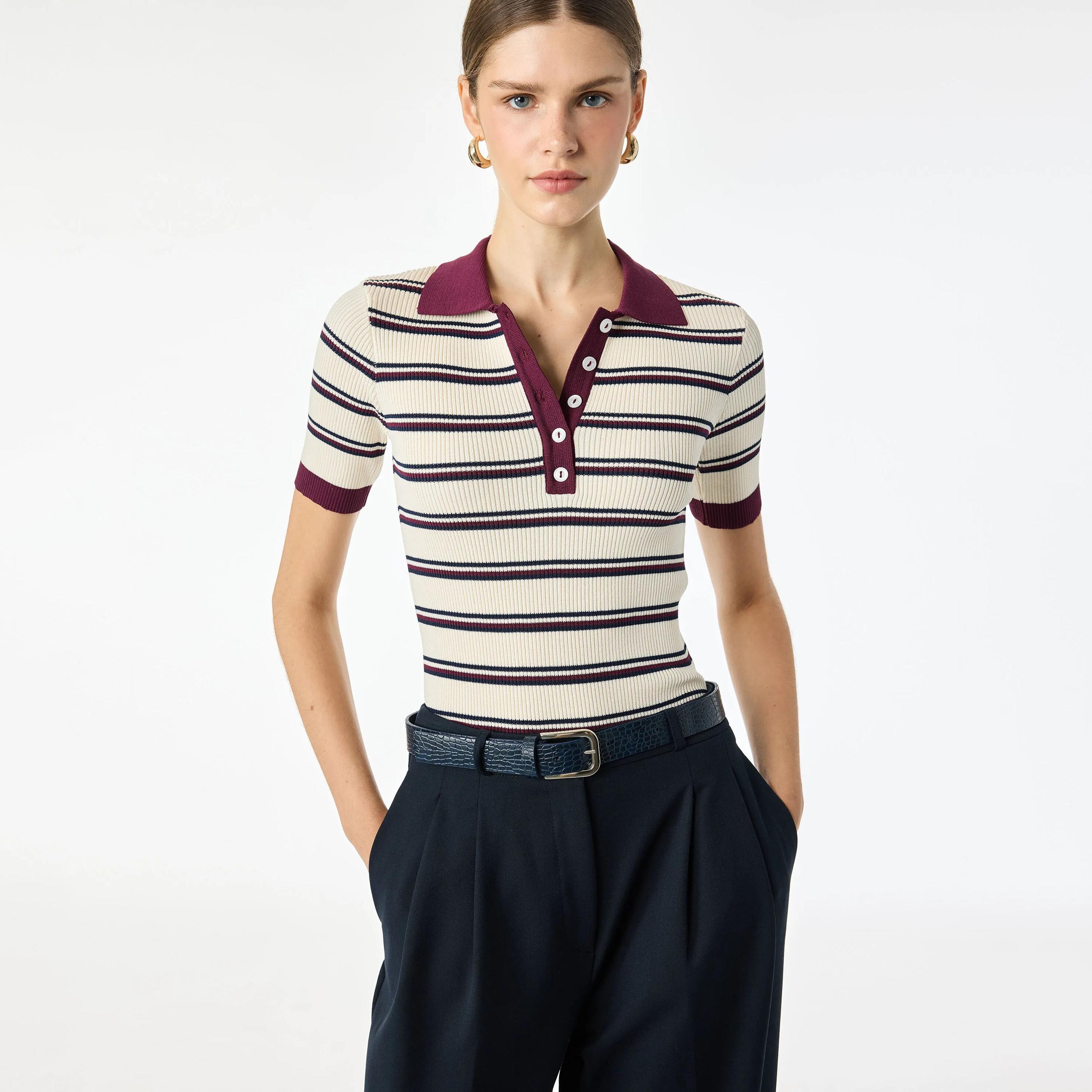 KOTON Burgundy Striped Collared Women's Polo Sweater-women-winterwear-cardigansandjumpers-jumpers-image-5