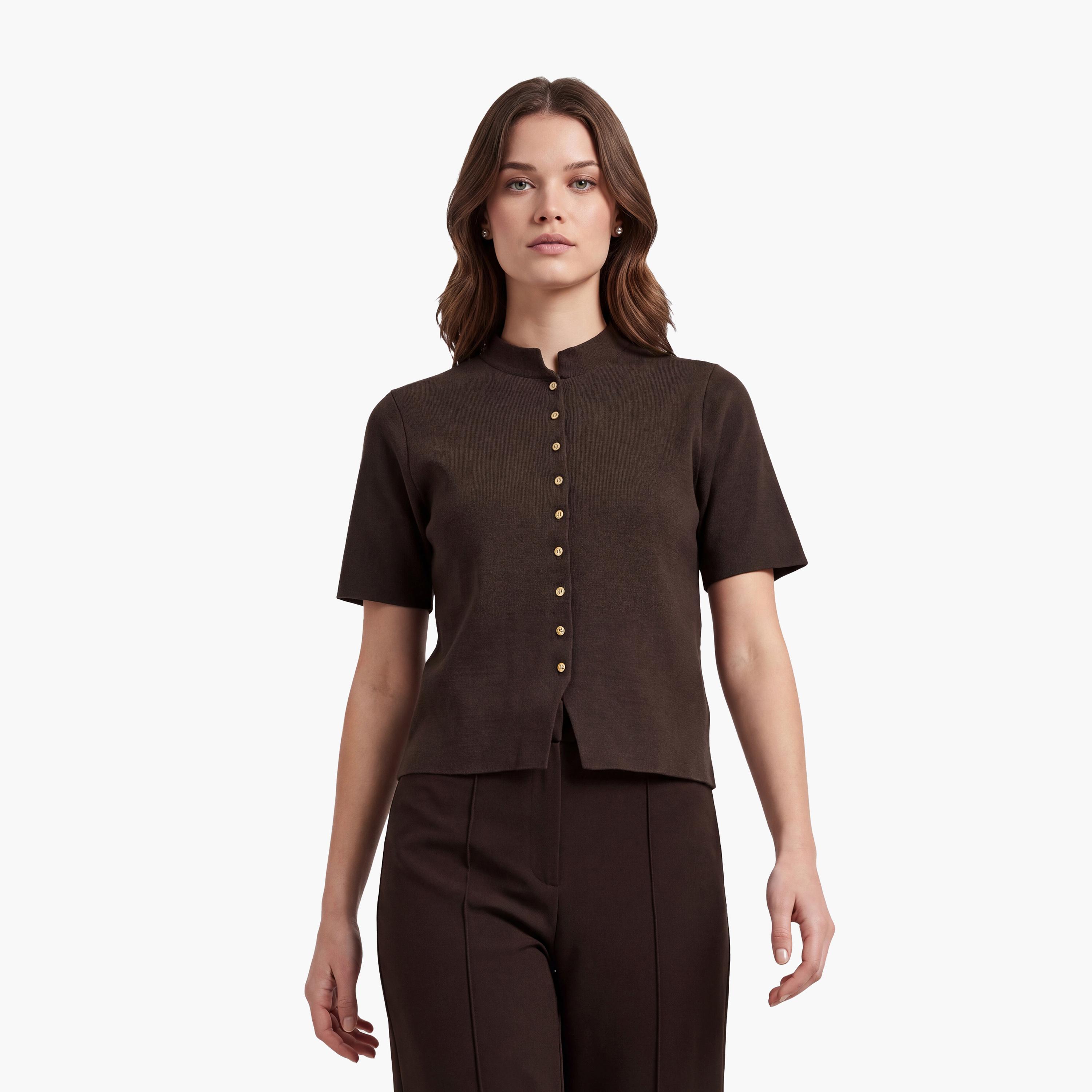 KOTON Brown Mandarin Collar Women's Cardigan-women-winterwear-cardigansandjumpers-cardigans-image-1