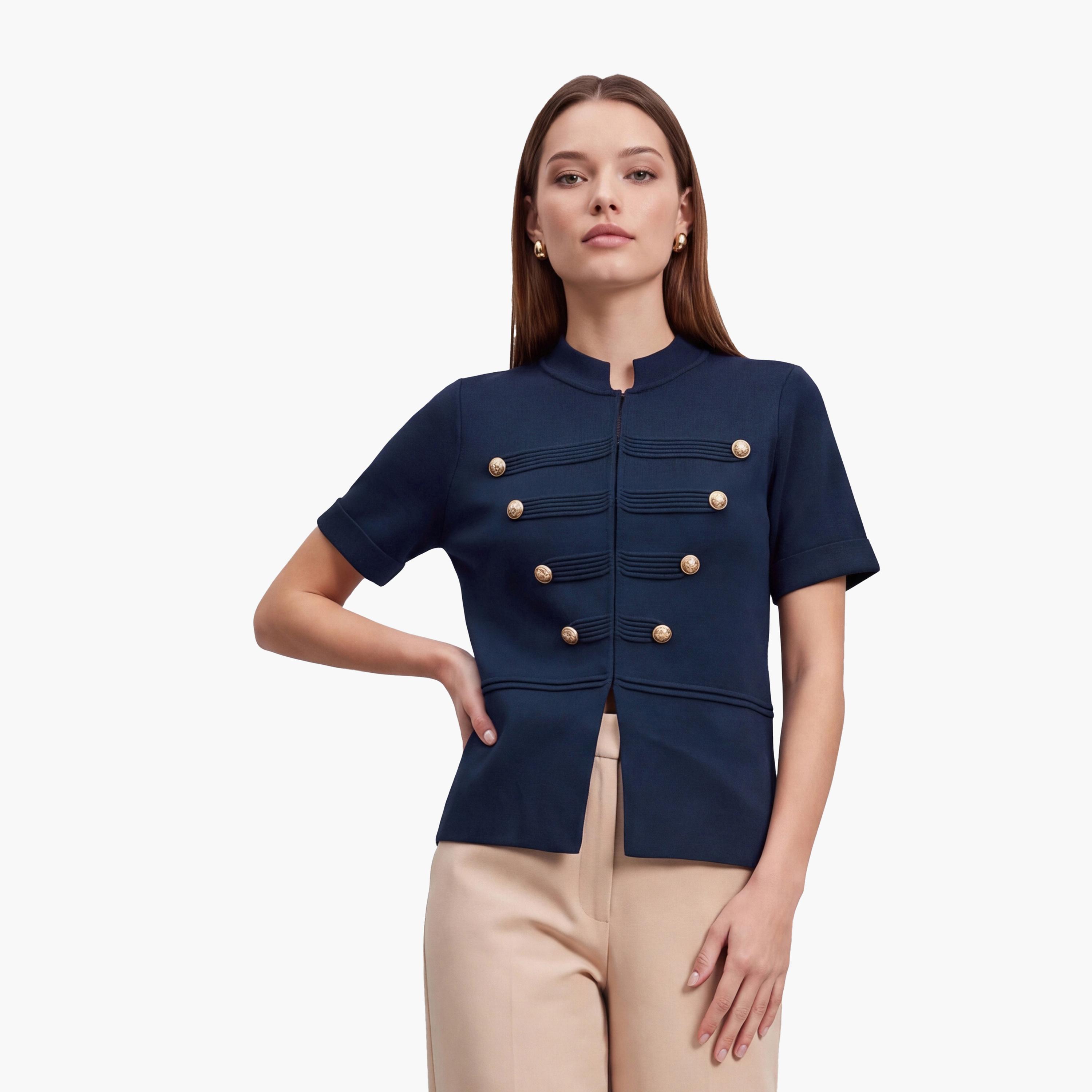 KOTON Navy Button Detailed Collared Women's Knit Top-women-clothing-shirtsandblouses-blouses-image-1
