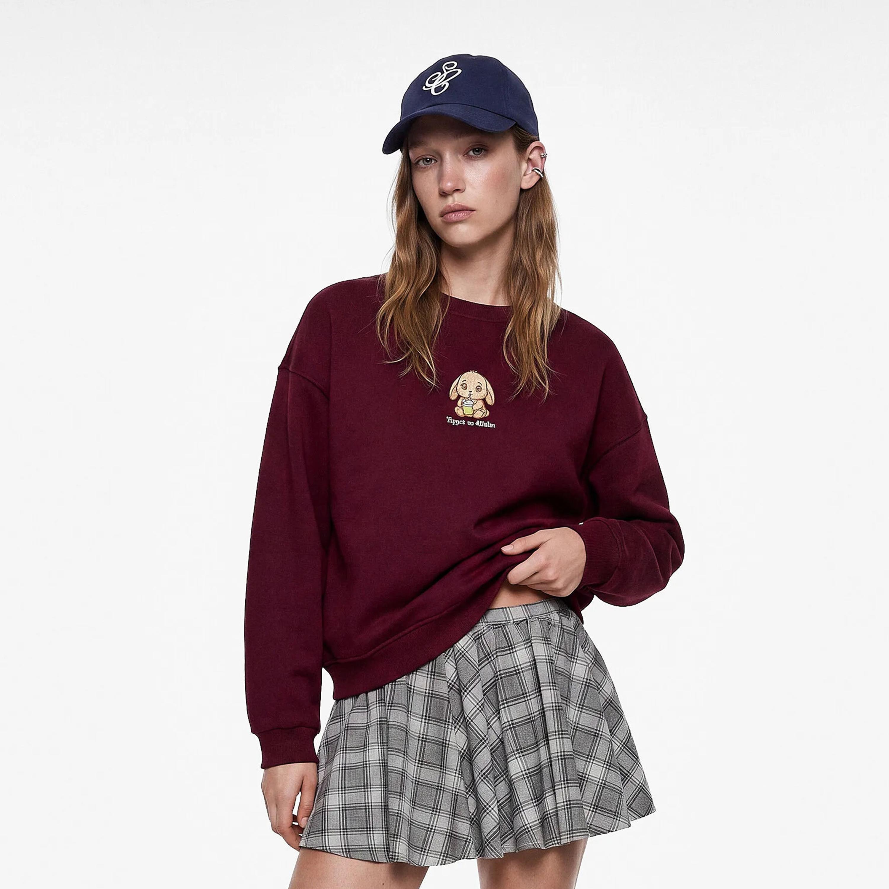 KOTON Burgundy Embroidered Dropped Sleeves Women's Sweatshirt-women-clothing-hoodiesandsweatshirts-sweatshirts-image-1