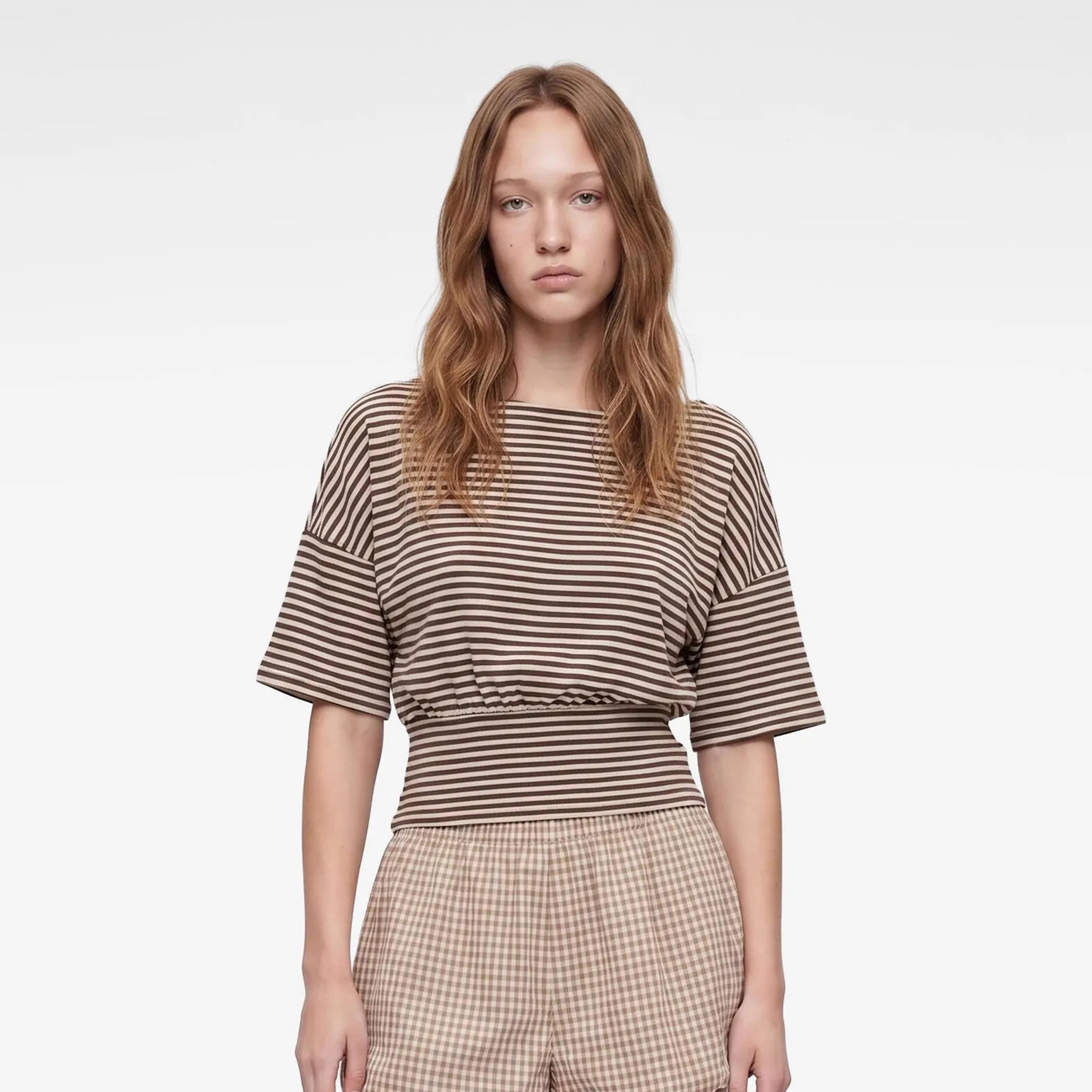 KOTON Beige Striped Dropped Sleeves Women's Top-women-clothing-shirtsandblouses-blouses-image-1