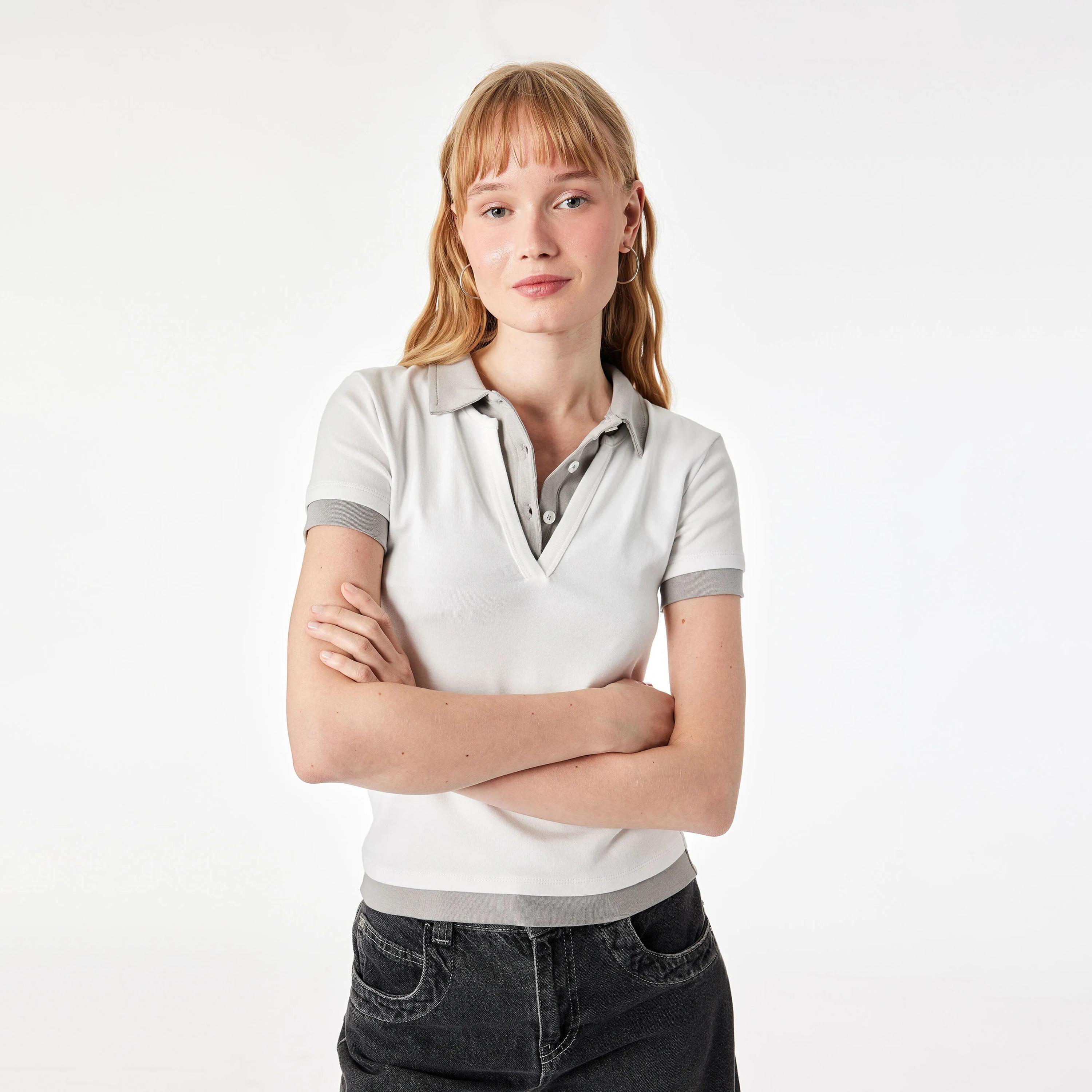 KOTON Beige Collared Women's Polo T-Shirt-women-clothing-tshirts-image-1