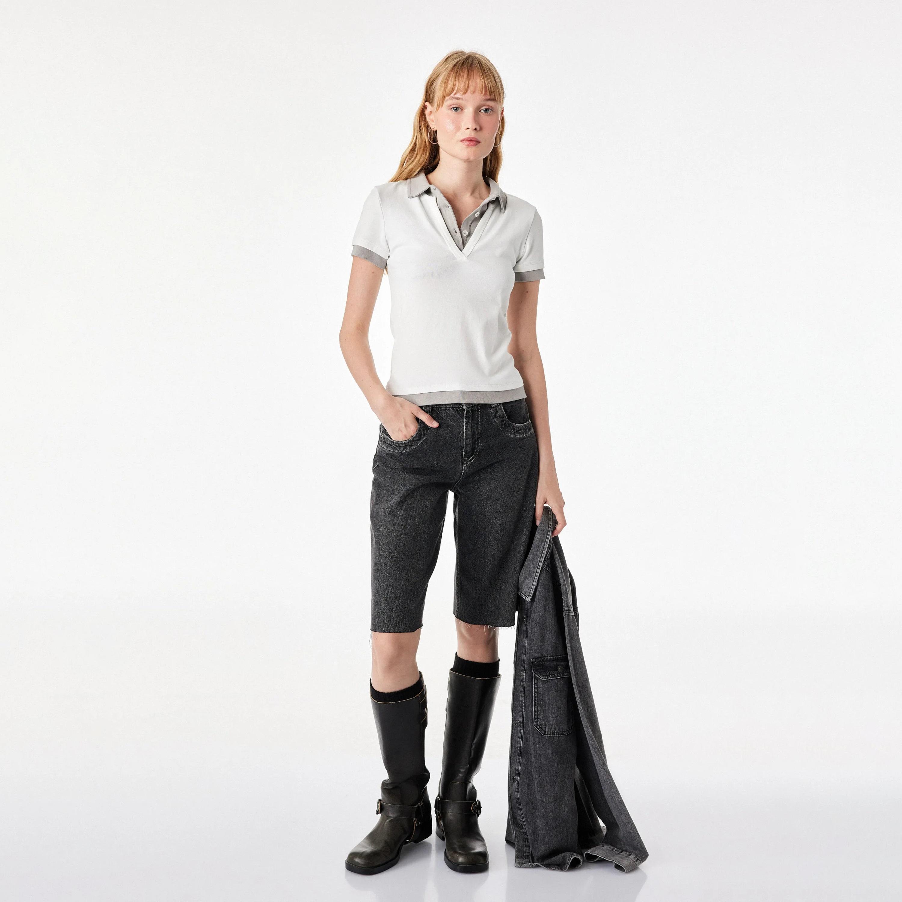 KOTON Beige Collared Women's Polo T-Shirt-women-clothing-tshirts-image-2