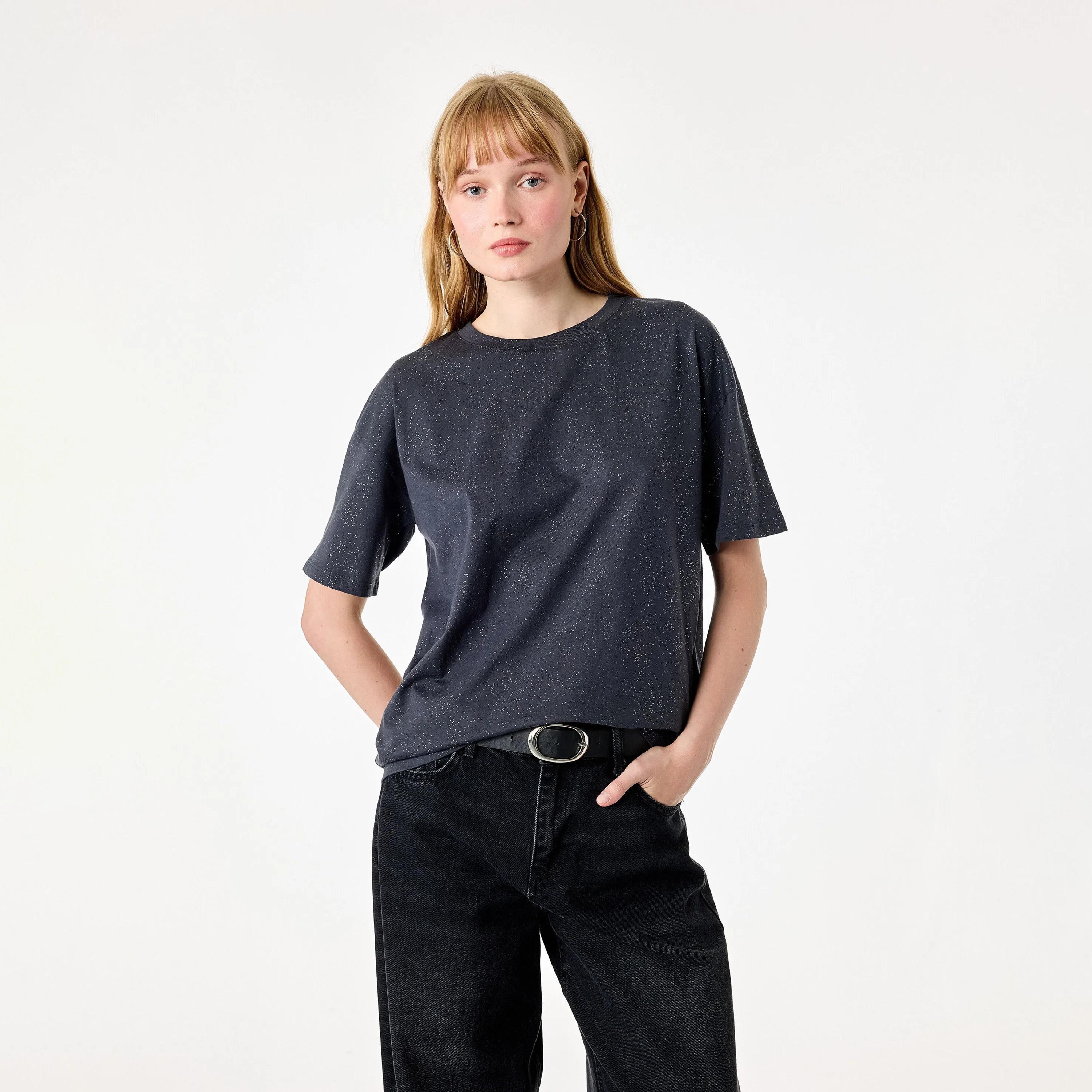 KOTON Grey Textured Cotton Dropped Sleeves Women's T-Shirt-women-clothing-tshirts-image-1