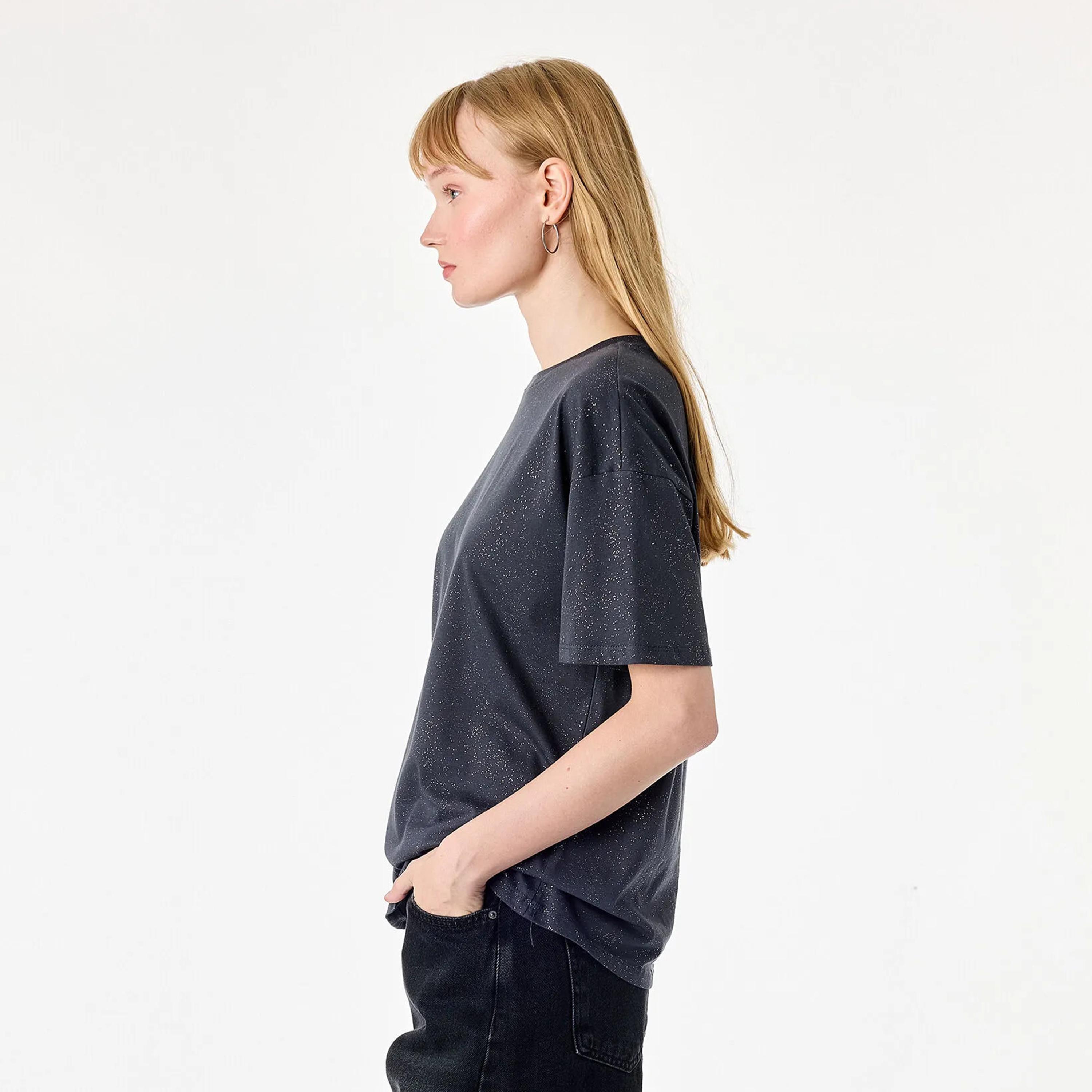 KOTON Grey Textured Cotton Dropped Sleeves Women's T-Shirt-women-clothing-tshirts-image-3