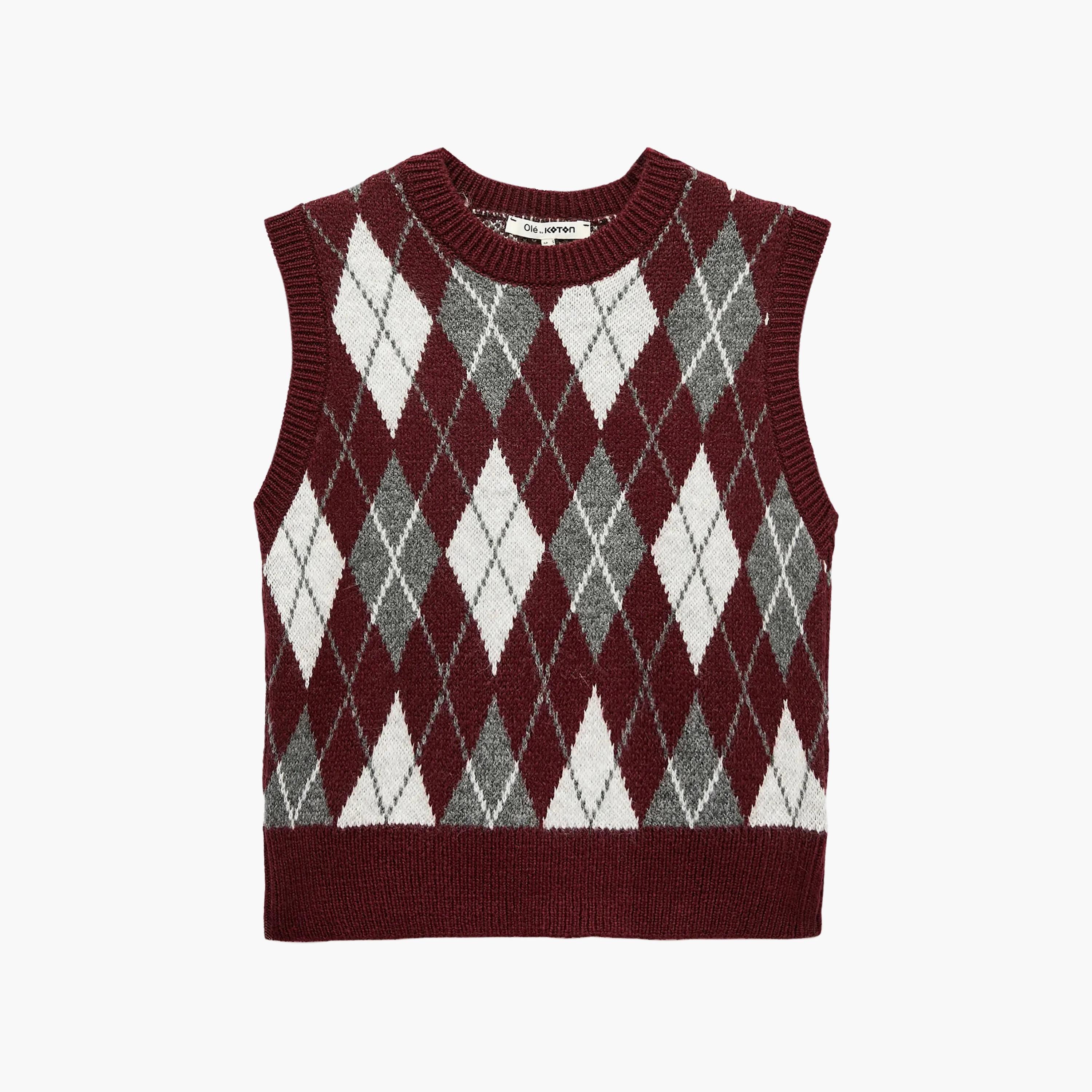 KOTON Burgundy Argyle Women's Sweater Vest-women-winterwear-cardigansandjumpers-jumpers-image-6