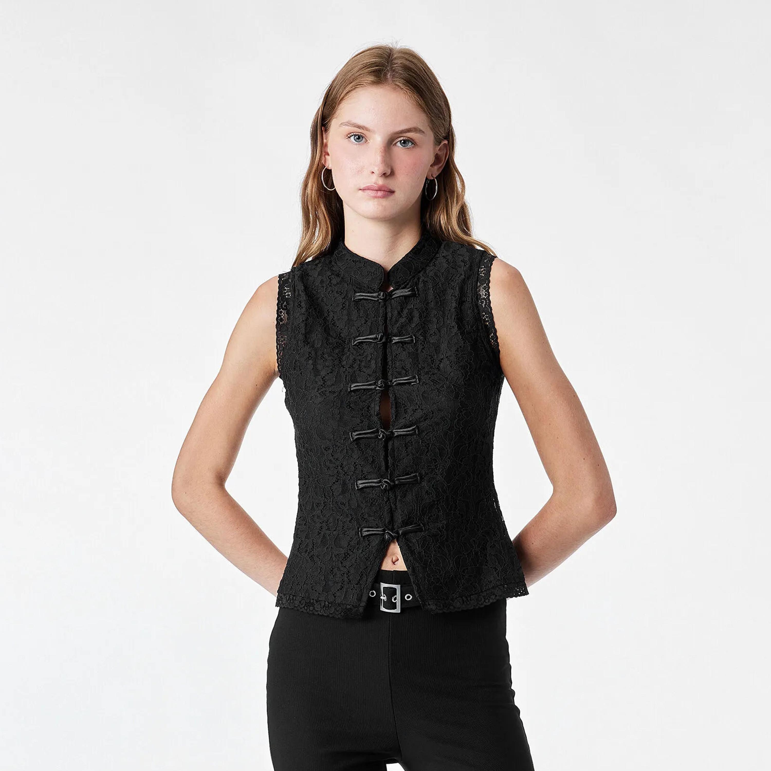KOTON Black Lace Cotton Mandarin Collar Women's Top-women-clothing-shirtsandblouses-blouses-image-1
