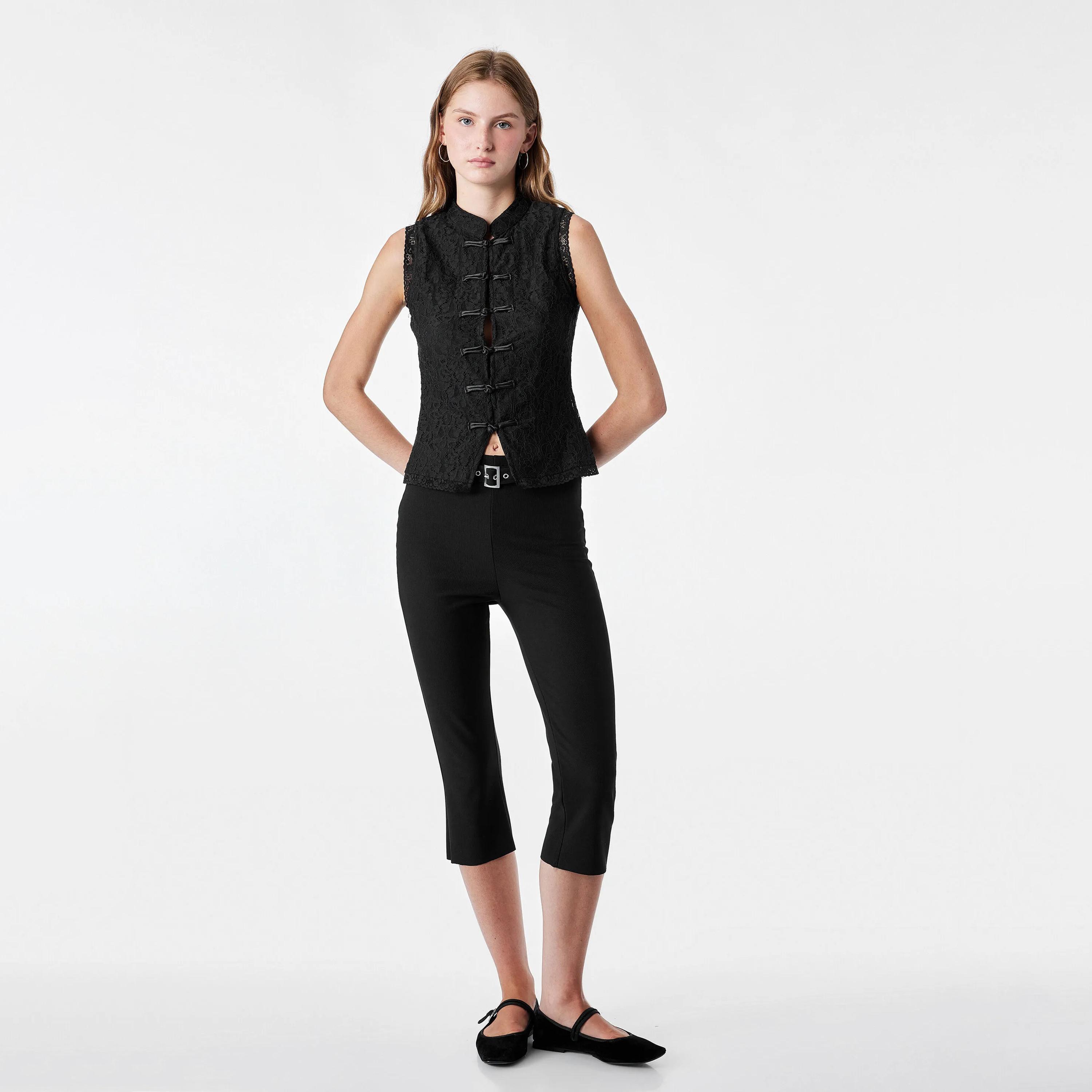 KOTON Black Lace Cotton Mandarin Collar Women's Top-women-clothing-shirtsandblouses-blouses-image-2