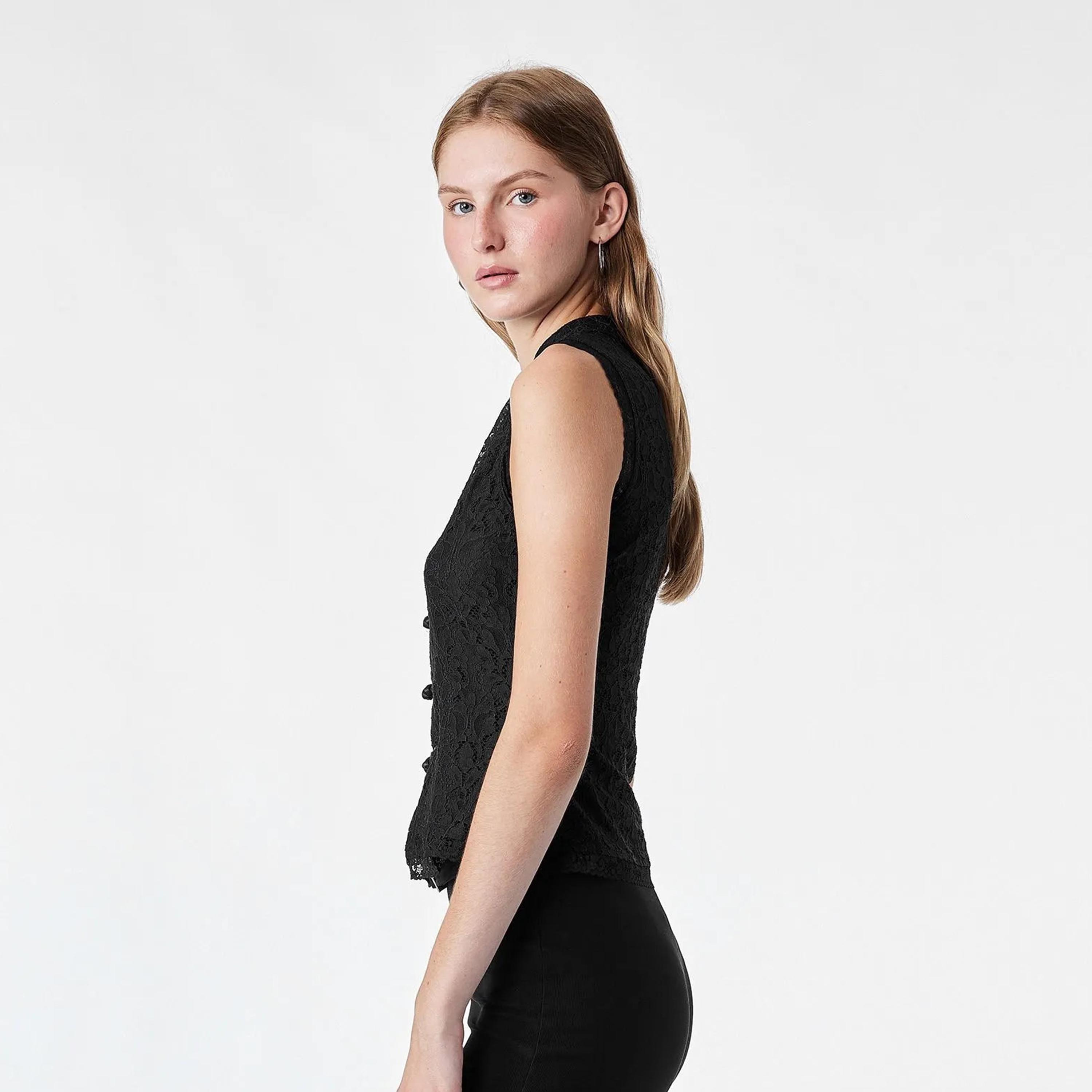KOTON Black Lace Cotton Mandarin Collar Women's Top-women-clothing-shirtsandblouses-blouses-image-3