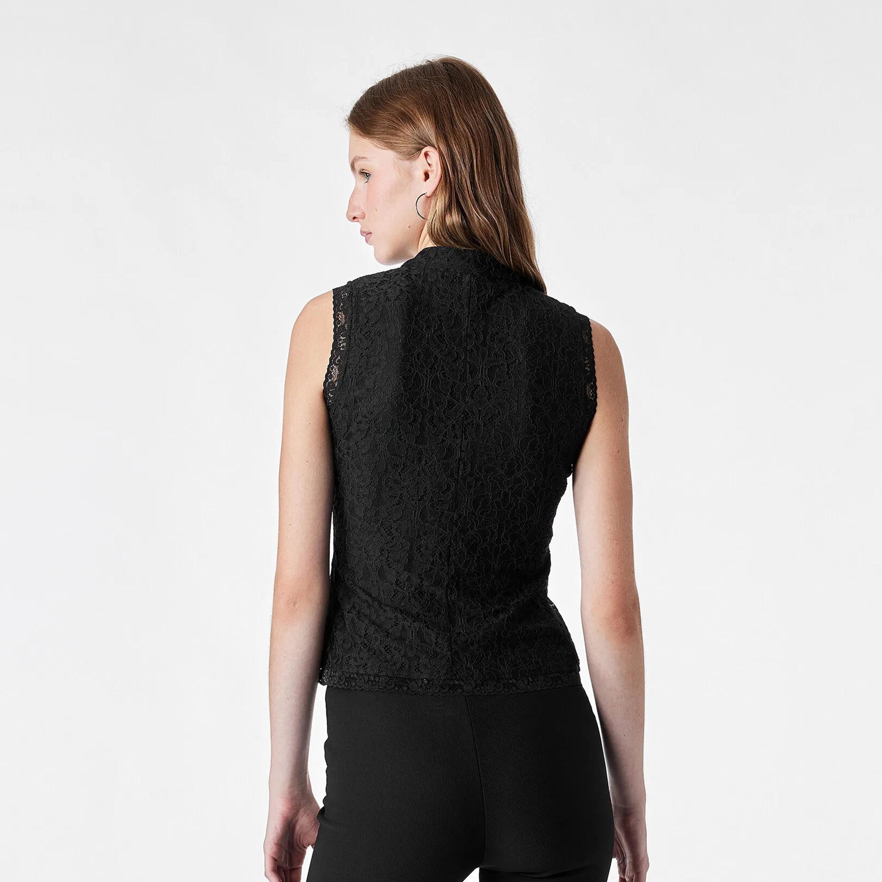 KOTON Black Lace Cotton Mandarin Collar Women's Top-women-clothing-shirtsandblouses-blouses-image-4