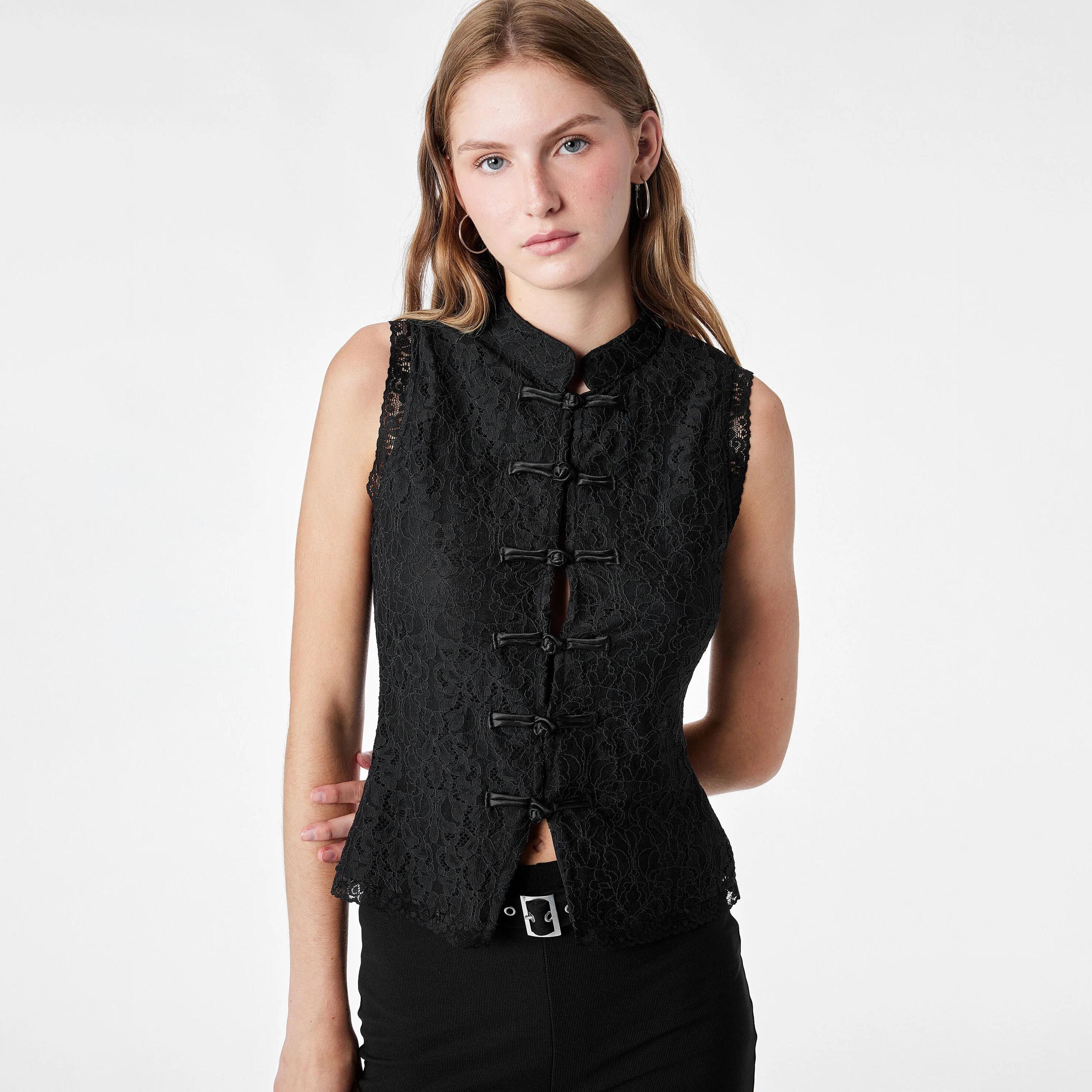 KOTON Black Lace Cotton Mandarin Collar Women's Top-women-clothing-shirtsandblouses-blouses-image-5
