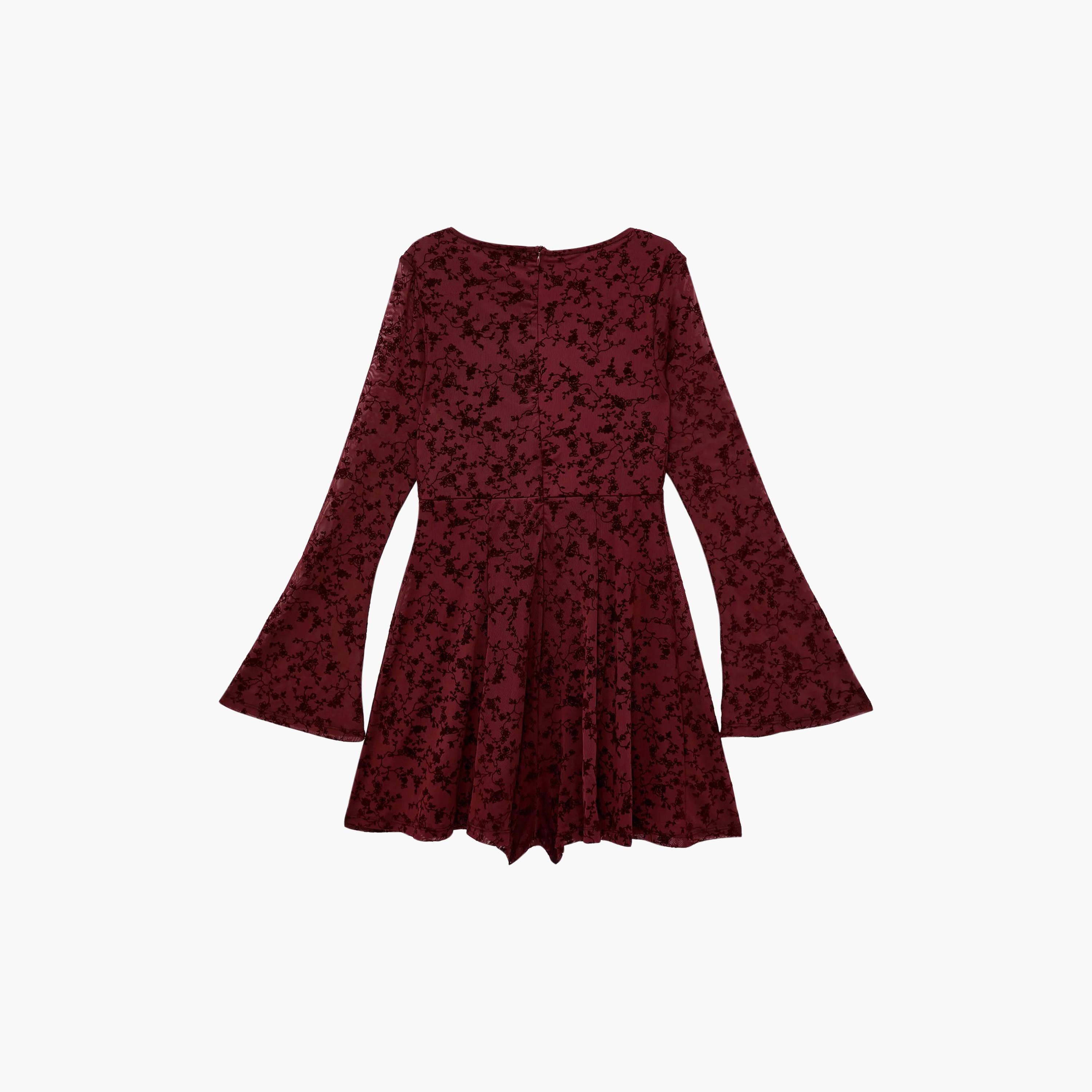 KOTON Burgundy Floral Flared Sleeves Women's Mini Dress-women-clothing-dresses-image-2