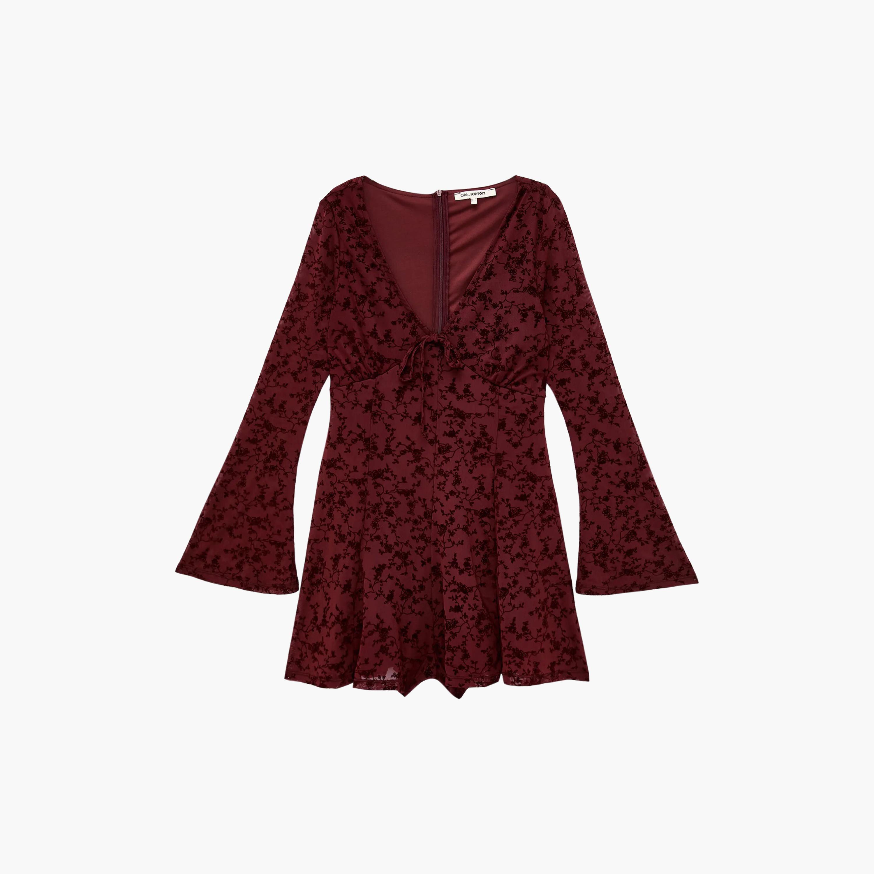 فستان ميني حريمي بنقشة زهور بلون العنابي وأكمام واسعة من كوتون-women-clothing-dresses-image-3