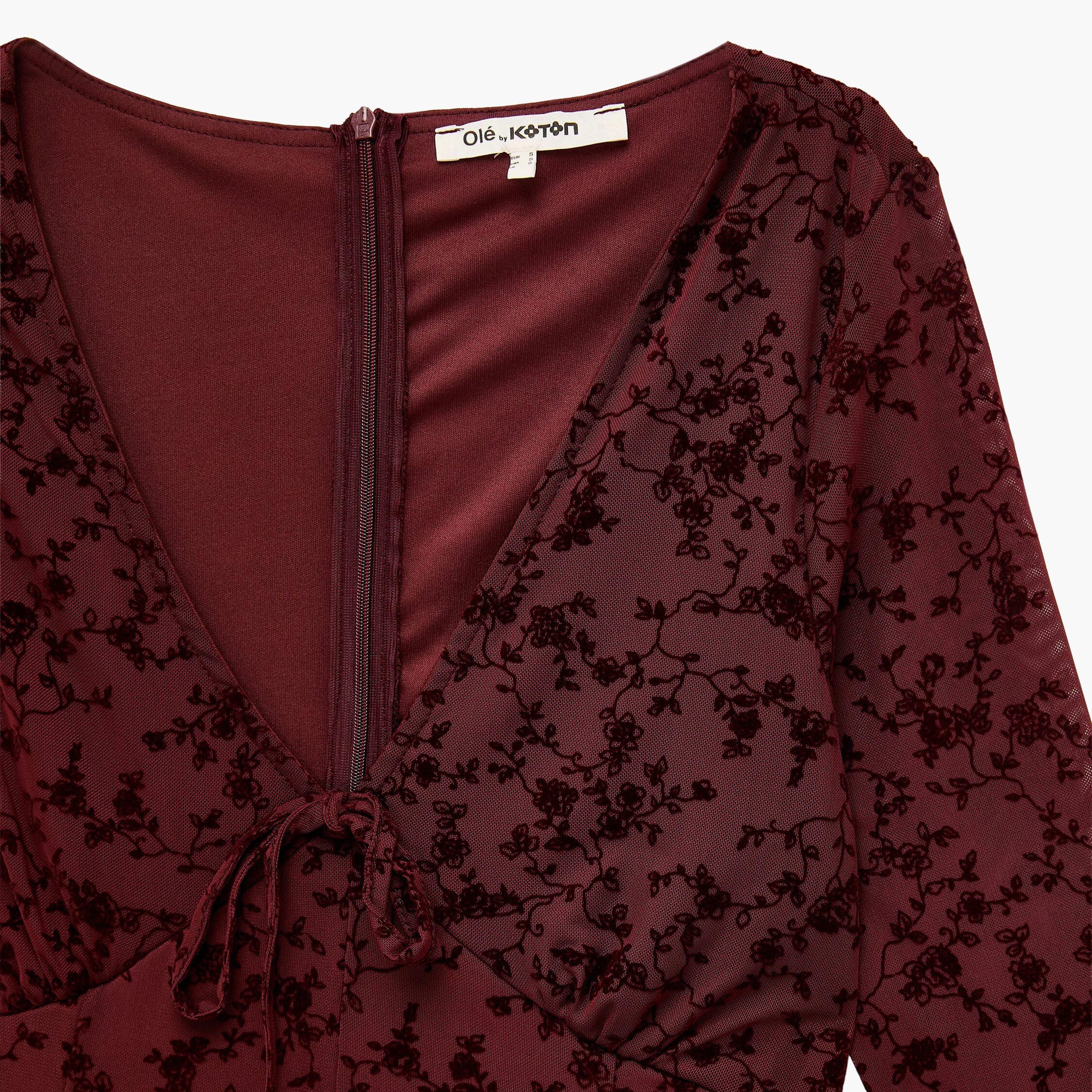 فستان ميني حريمي بنقشة زهور بلون العنابي وأكمام واسعة من كوتون-women-clothing-dresses-image-4