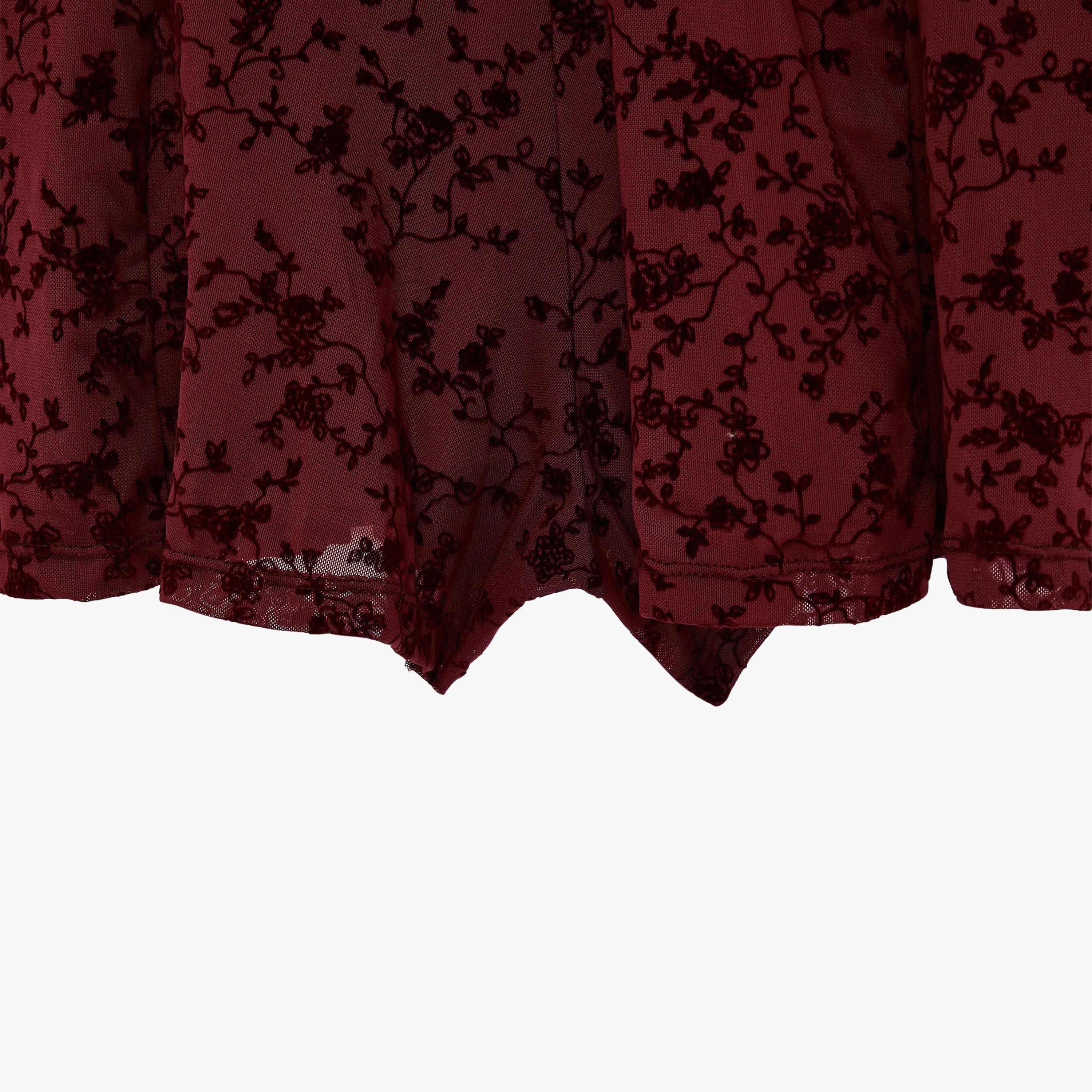 KOTON Burgundy Floral Flared Sleeves Women's Mini Dress-women-clothing-dresses-image-5