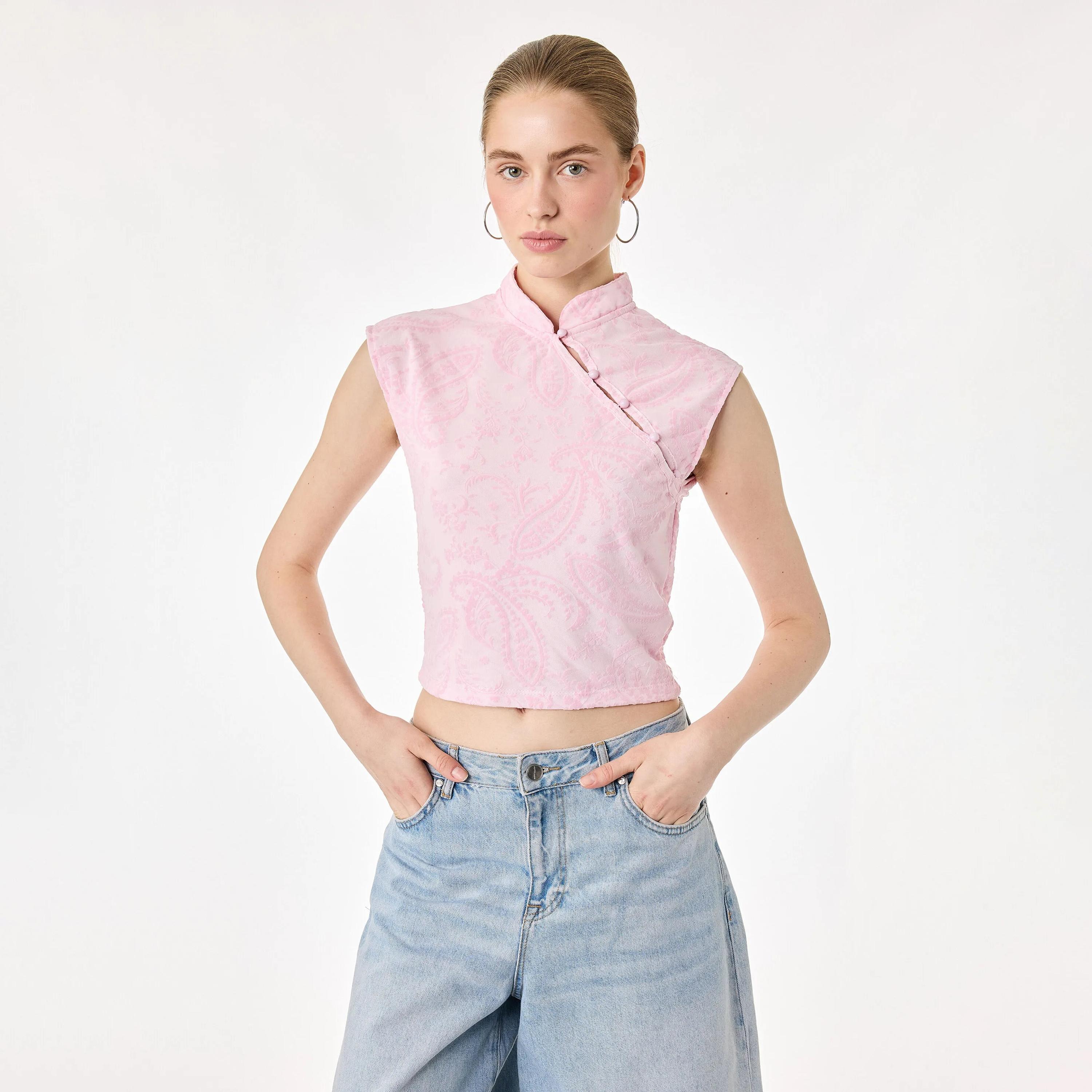 KOTON Pink Paisley Mandarin Collar Women's Top-women-clothing-shirtsandblouses-blouses-image-1