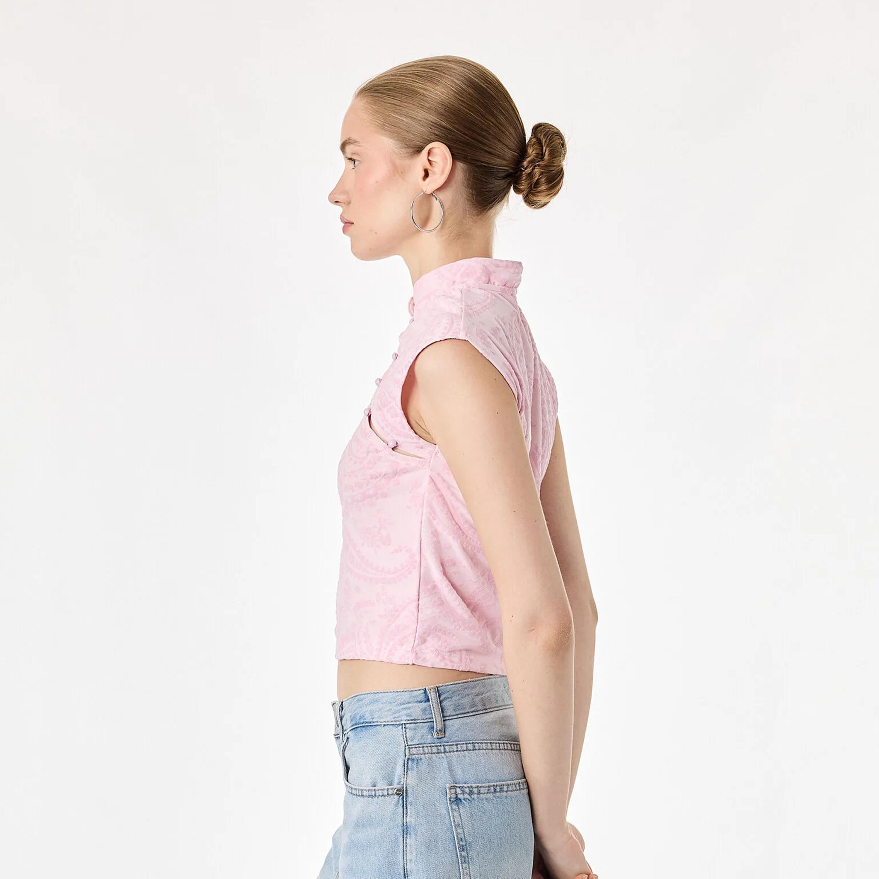 KOTON Pink Paisley Mandarin Collar Women's Top-women-clothing-shirtsandblouses-blouses-image-3
