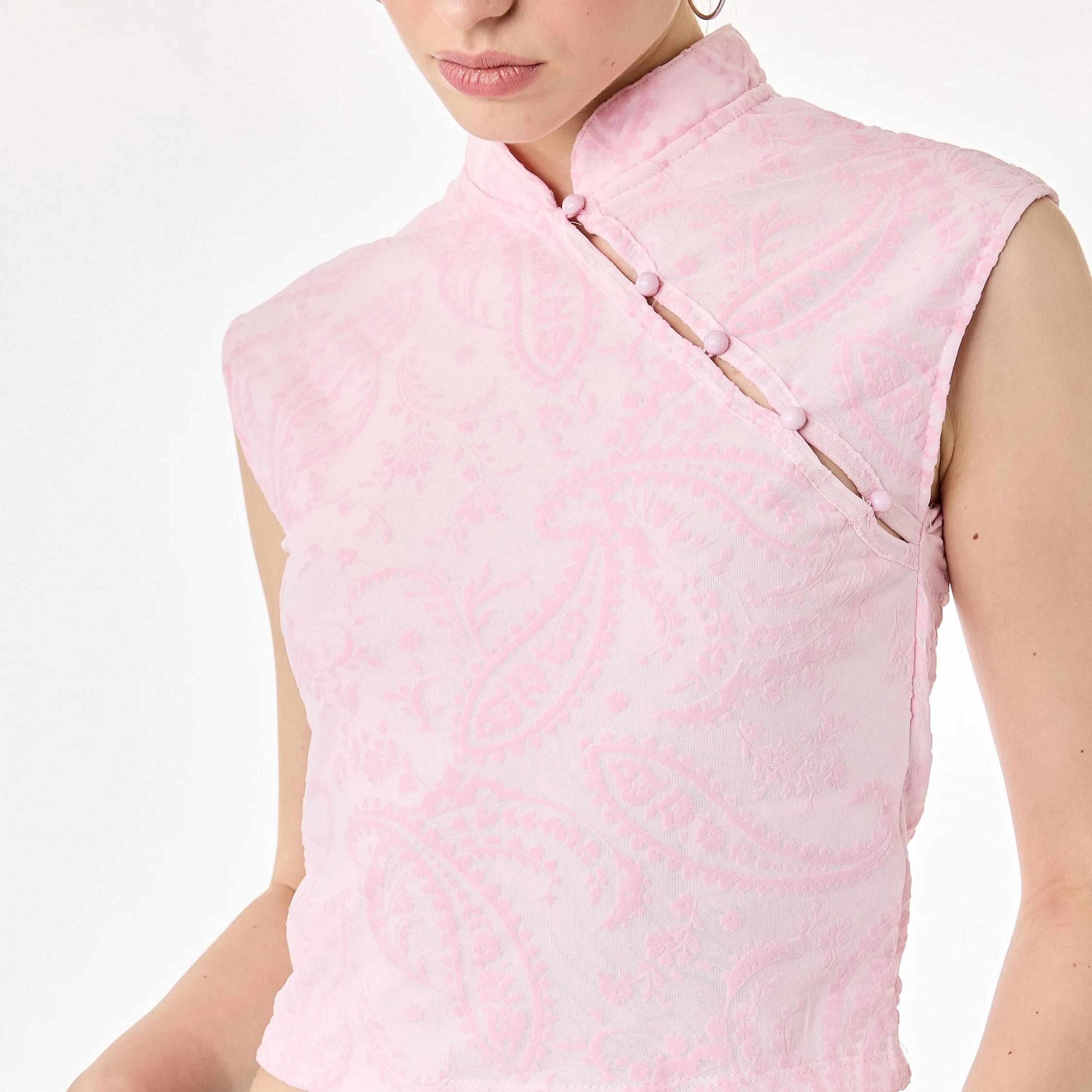 KOTON Pink Paisley Mandarin Collar Women's Top-women-clothing-shirtsandblouses-blouses-image-5