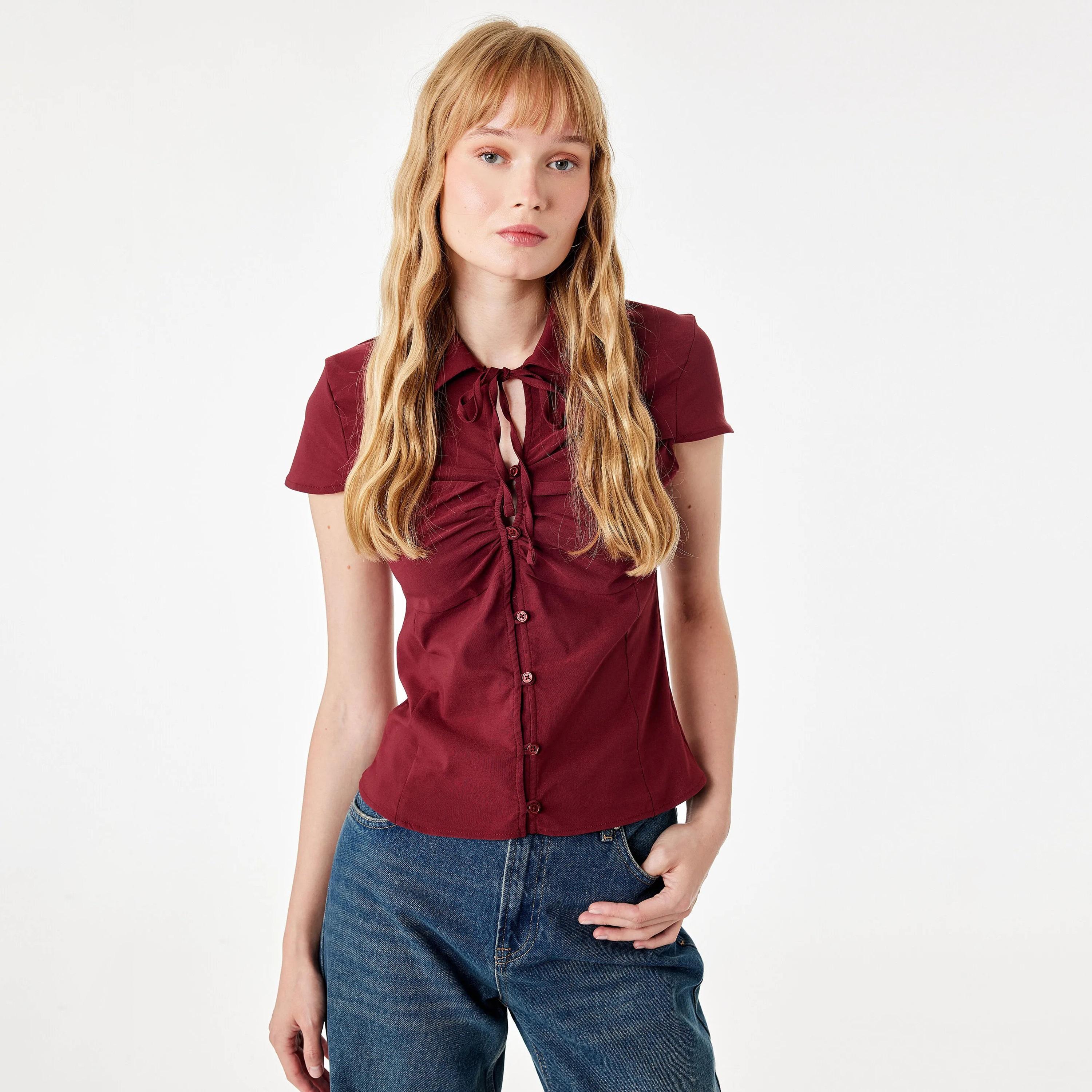 KOTON Burgundy Cotton Collared Women's Top-women-clothing-shirtsandblouses-blouses-image-1