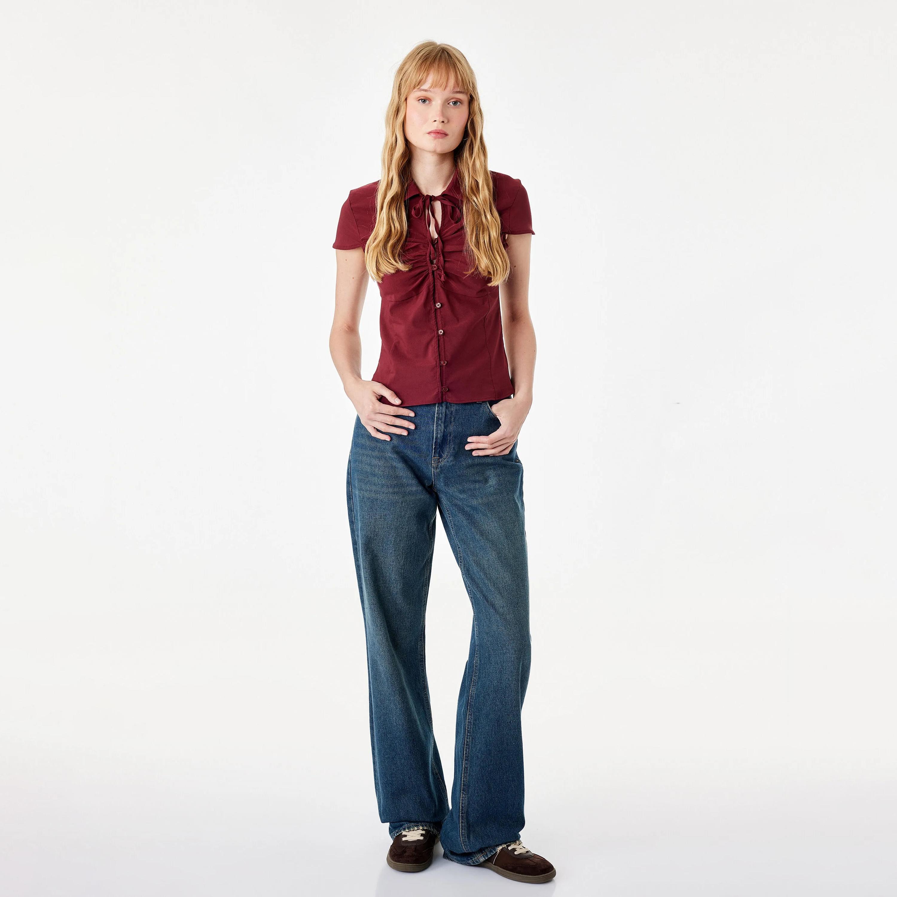 KOTON Burgundy Cotton Collared Women's Top-women-clothing-shirtsandblouses-blouses-image-2
