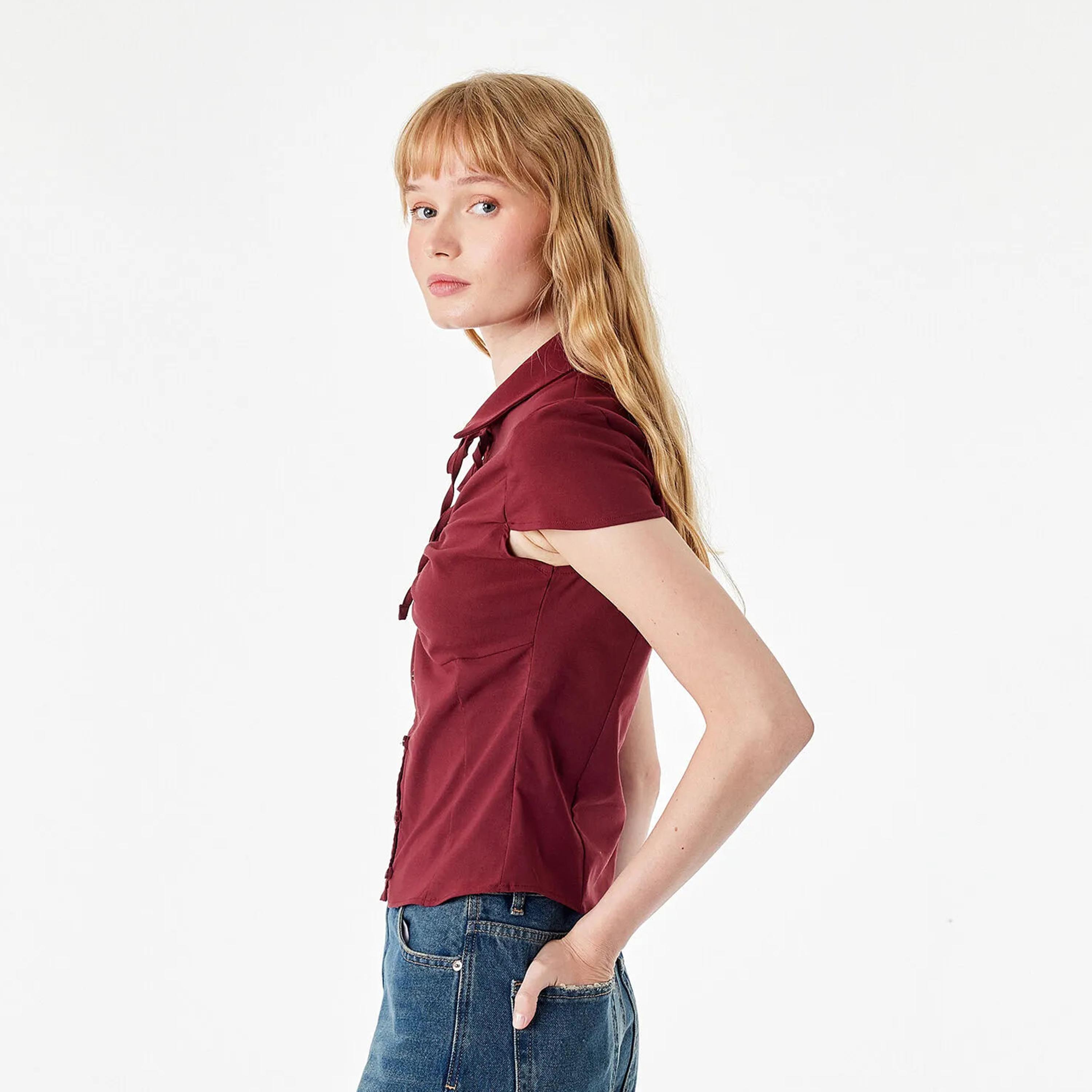 KOTON Burgundy Cotton Collared Women's Top-women-clothing-shirtsandblouses-blouses-image-3
