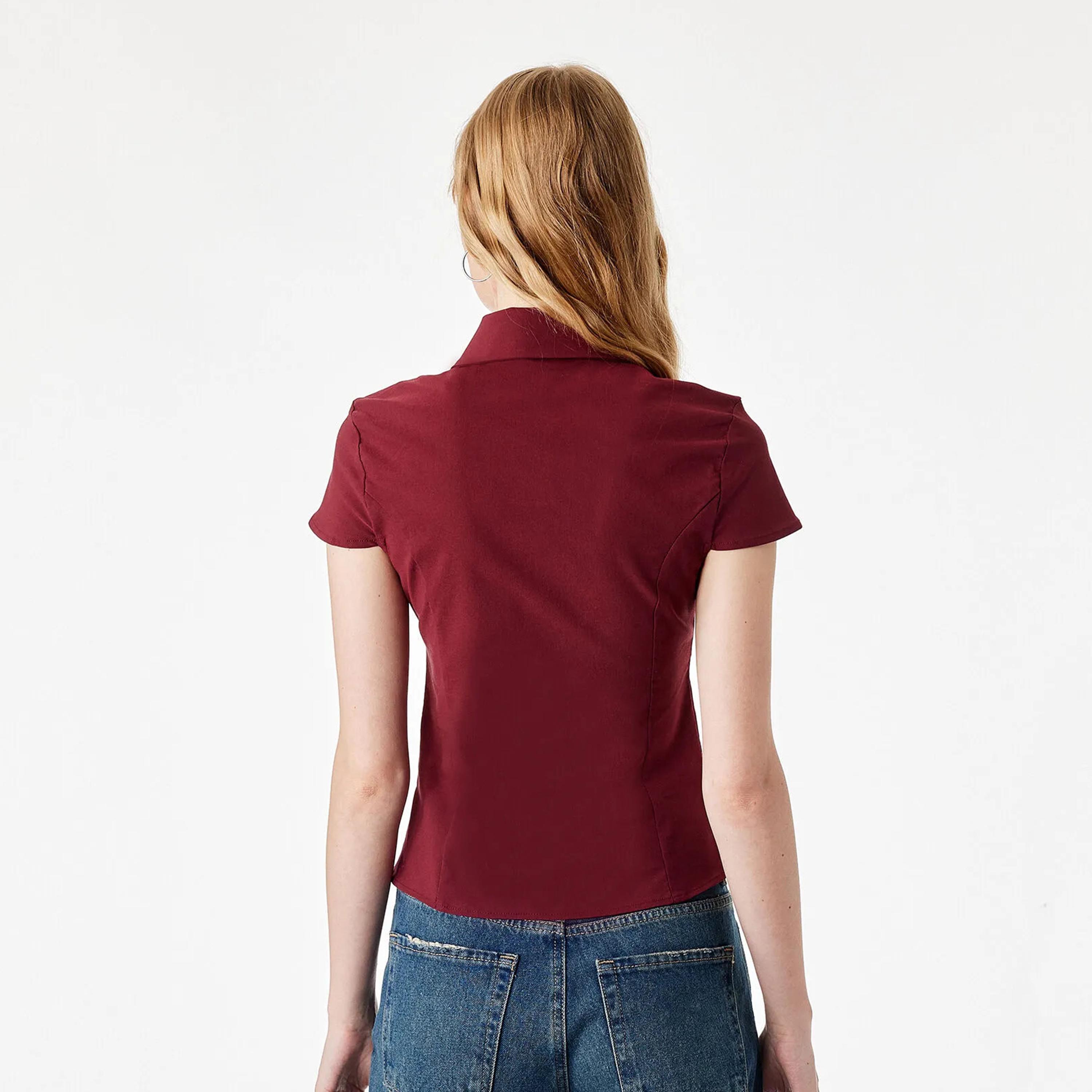 KOTON Burgundy Cotton Collared Women's Top-women-clothing-shirtsandblouses-blouses-image-4