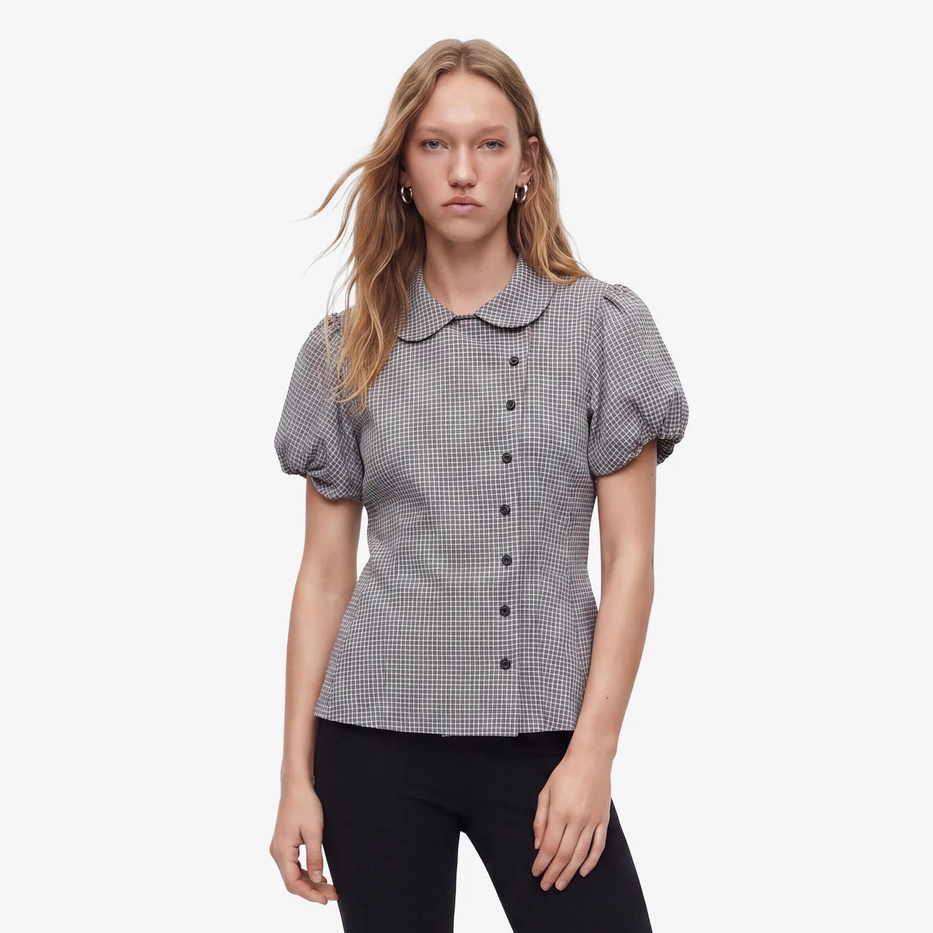 KOTON Pink Checked Peter Pan Collar Puff Sleeves Women's Top-women-clothing-shirtsandblouses-blouses-image-1
