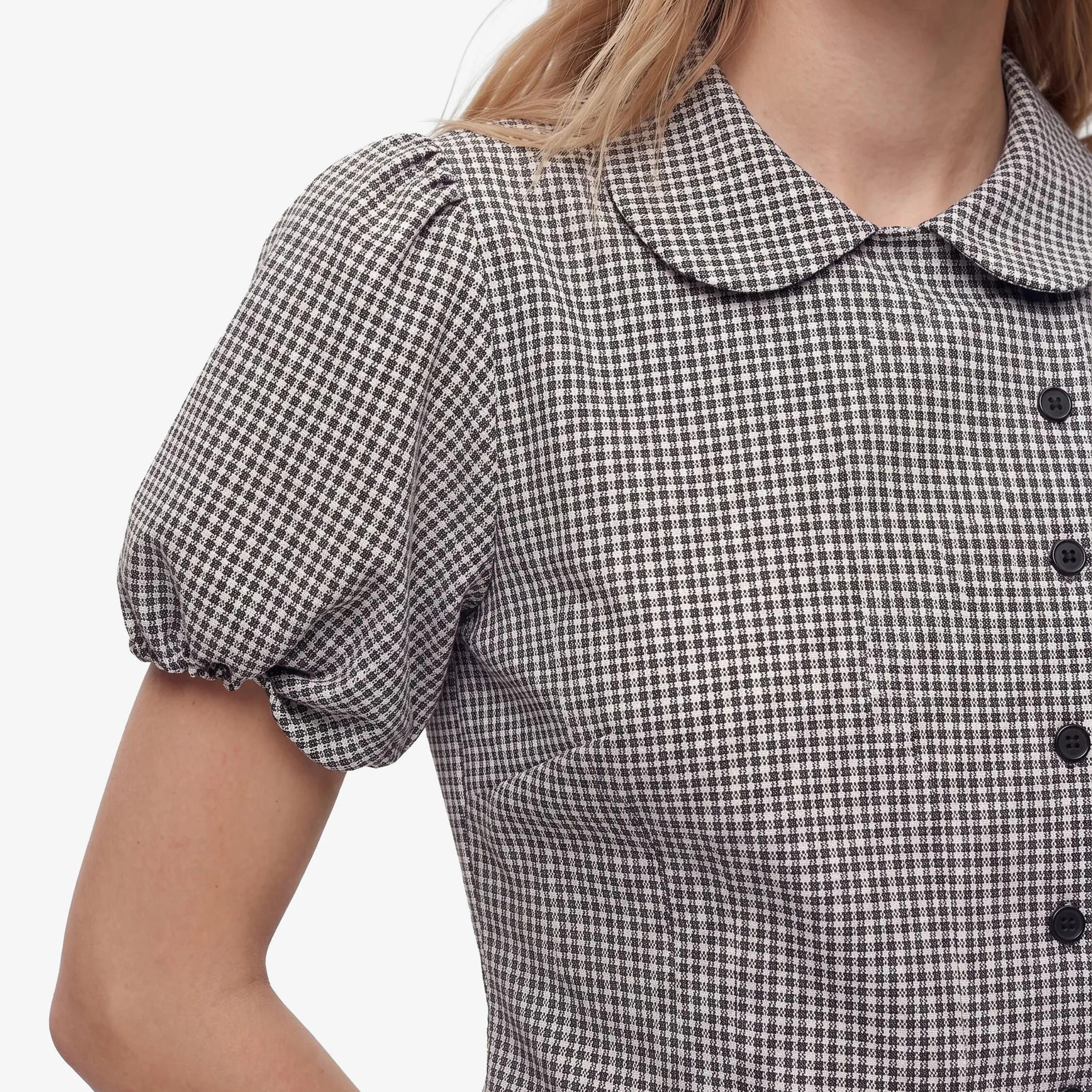 KOTON Pink Checked Peter Pan Collar Puff Sleeves Women's Top-women-clothing-shirtsandblouses-blouses-image-5