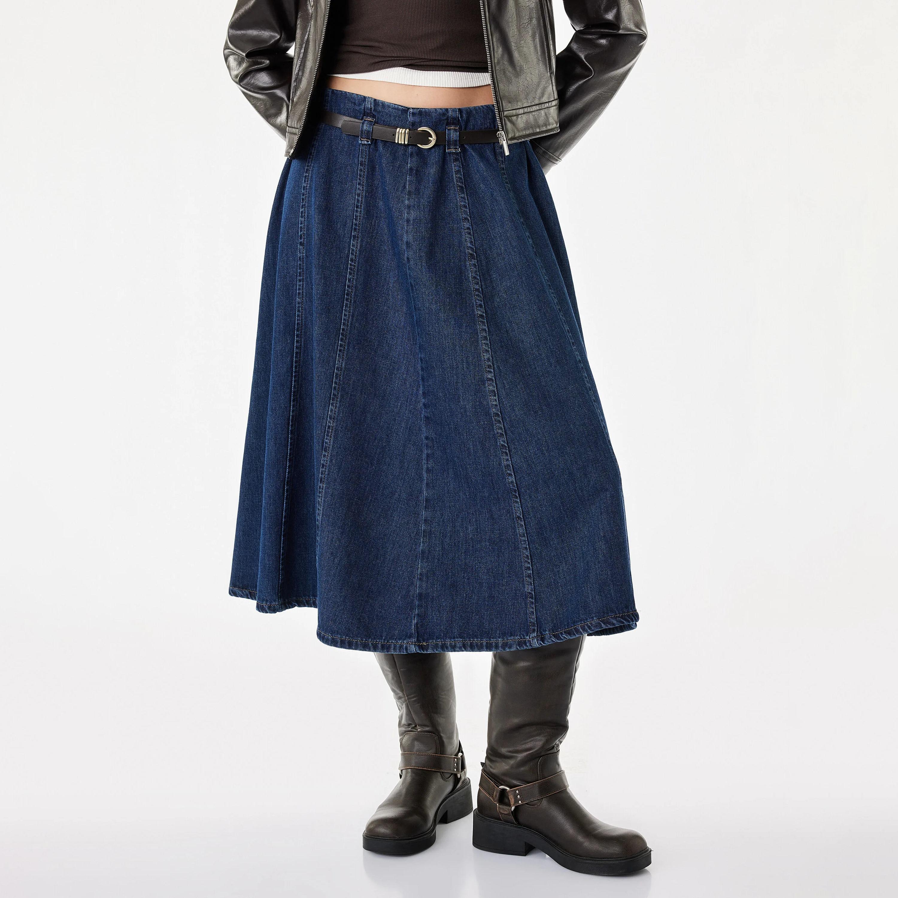 KOTON Navy Cotton Denim Women's Midi Skirt-women-clothing-skirts-image-1