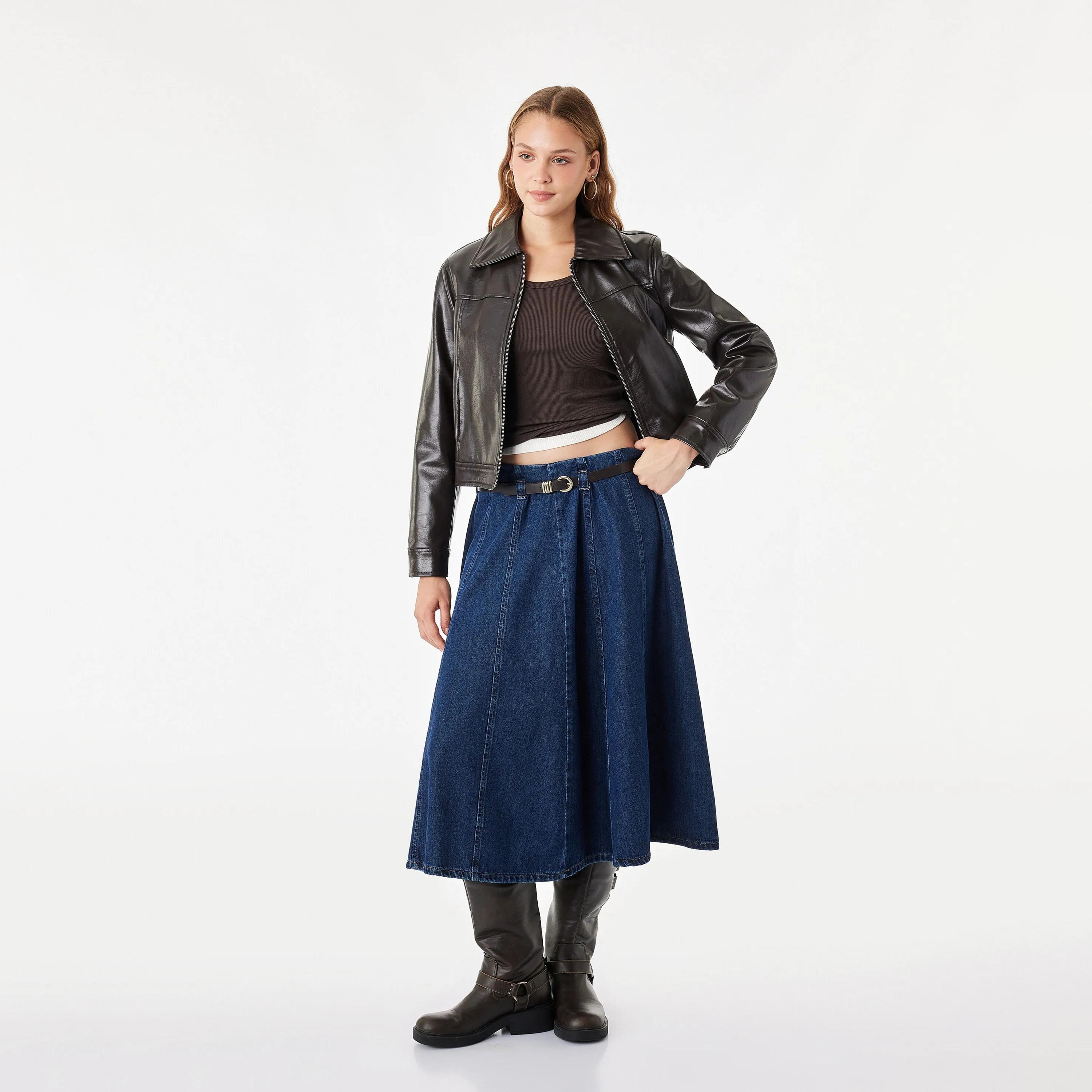 KOTON Navy Cotton Denim Women's Midi Skirt-women-clothing-skirts-image-2