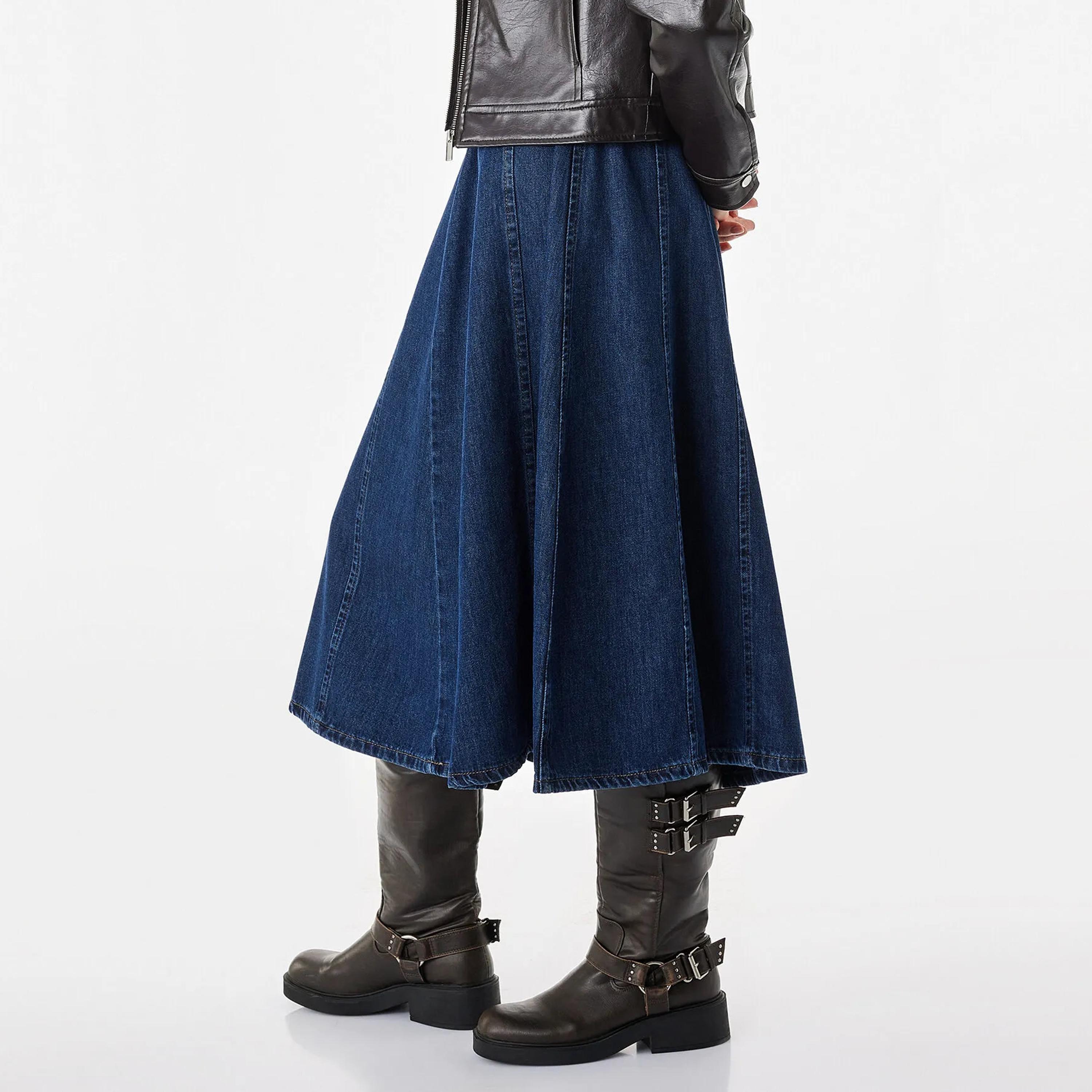 KOTON Navy Cotton Denim Women's Midi Skirt-women-clothing-skirts-image-3