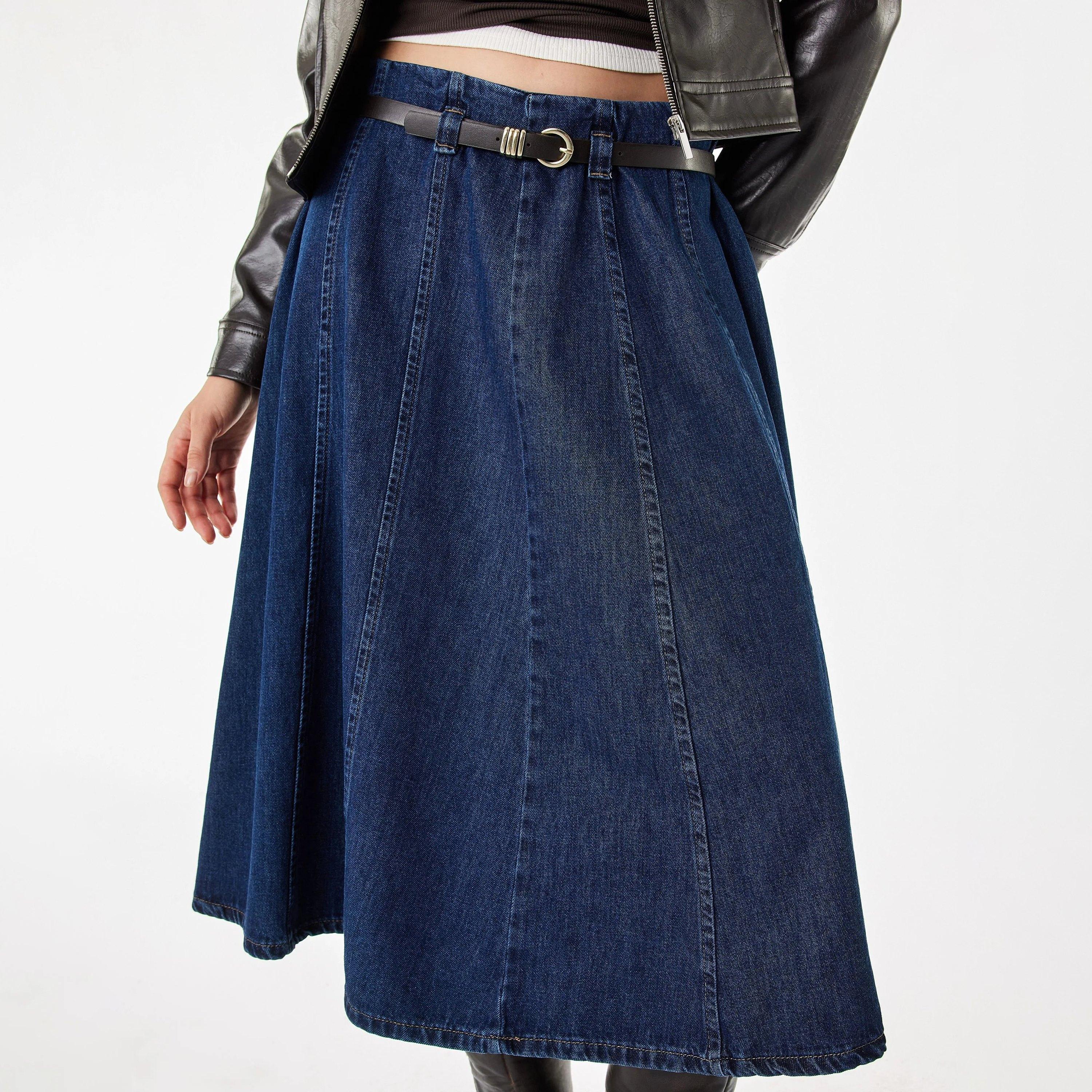 KOTON Navy Cotton Denim Women's Midi Skirt-women-clothing-skirts-image-5