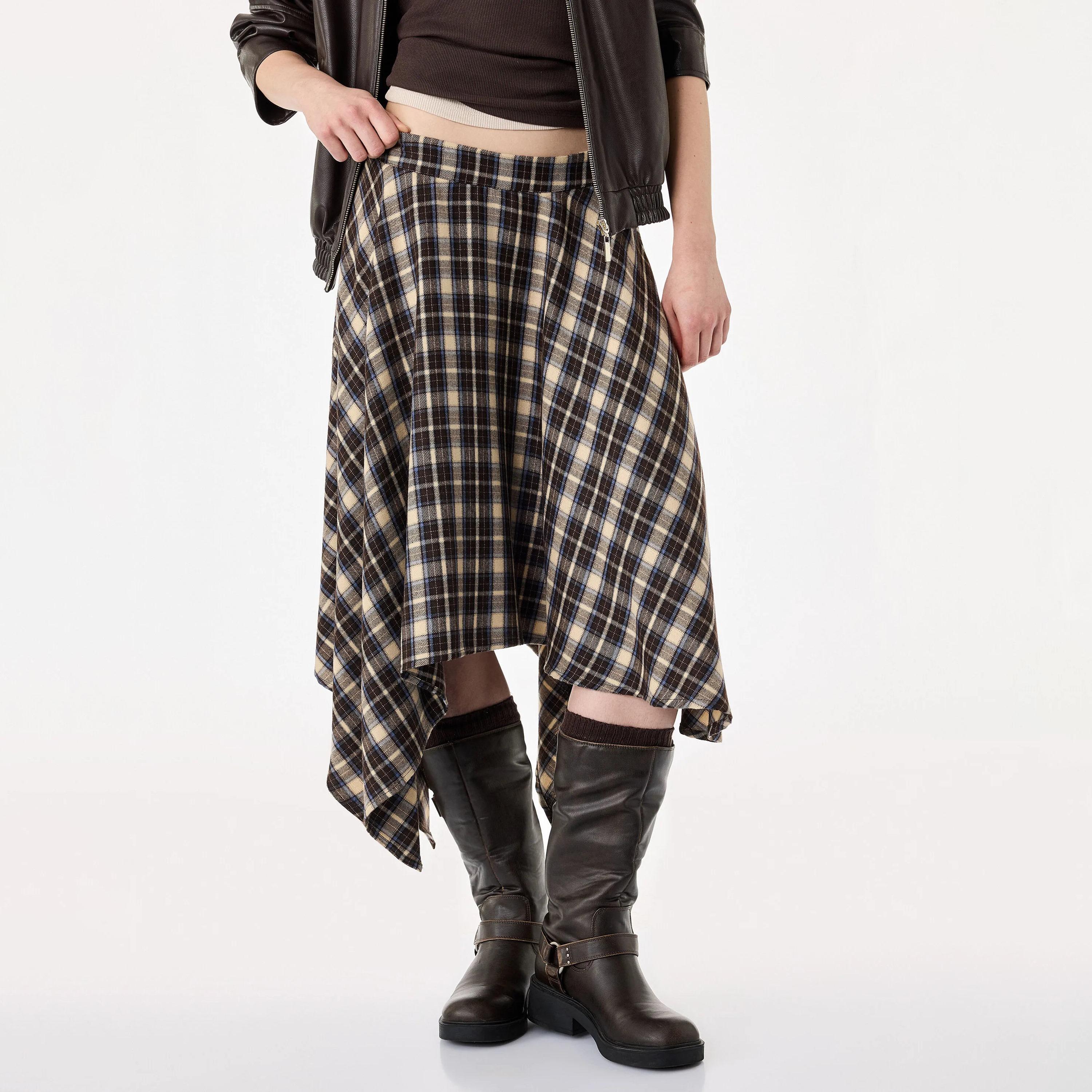 تنورة ميدي حريمي بقصة A قماش قطن مربعات باللون الكحلي من كوتون-women-clothing-skirts-image-1
