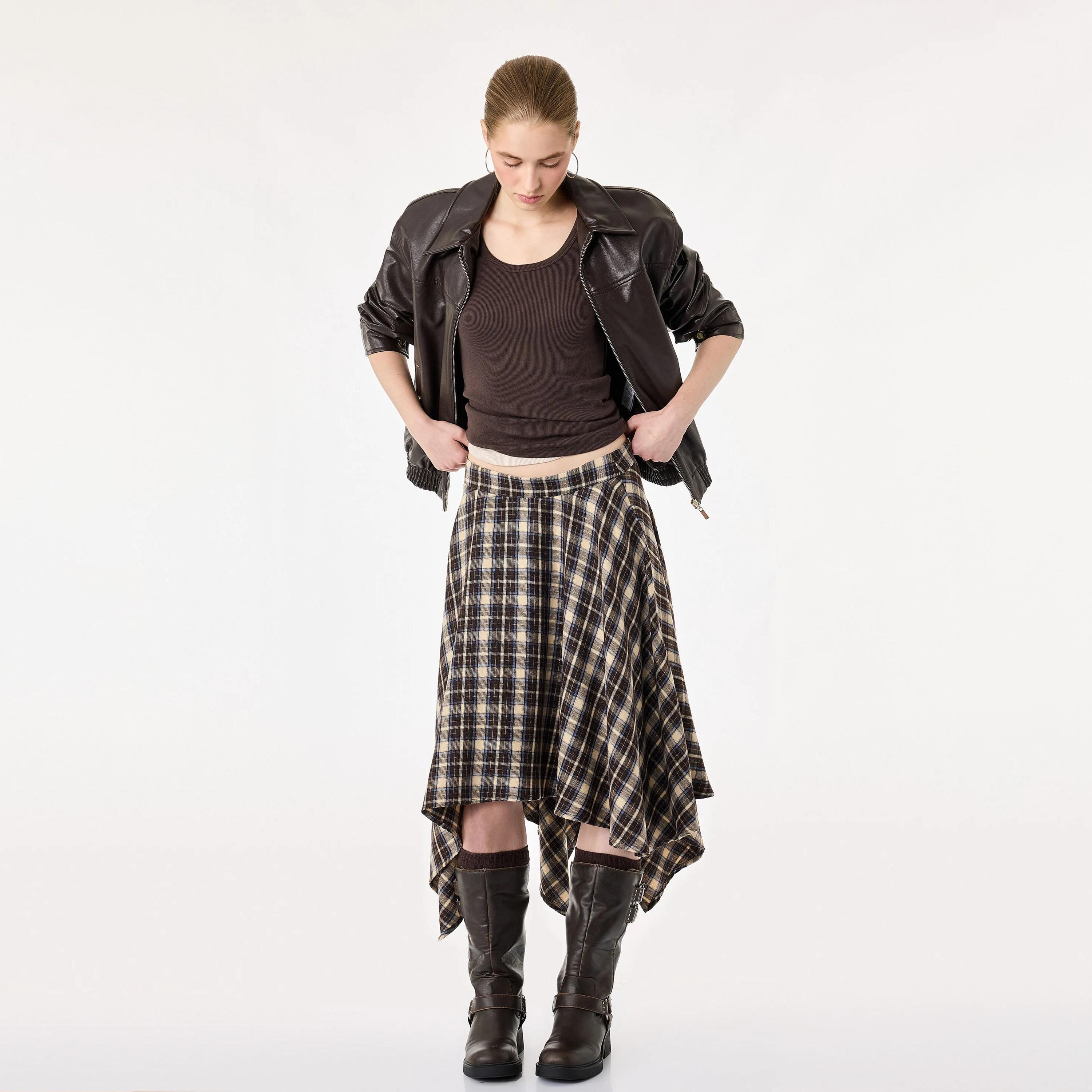 KOTON Navy Checked Cotton A-Line Women's Midi Skirt-women-clothing-skirts-image-2