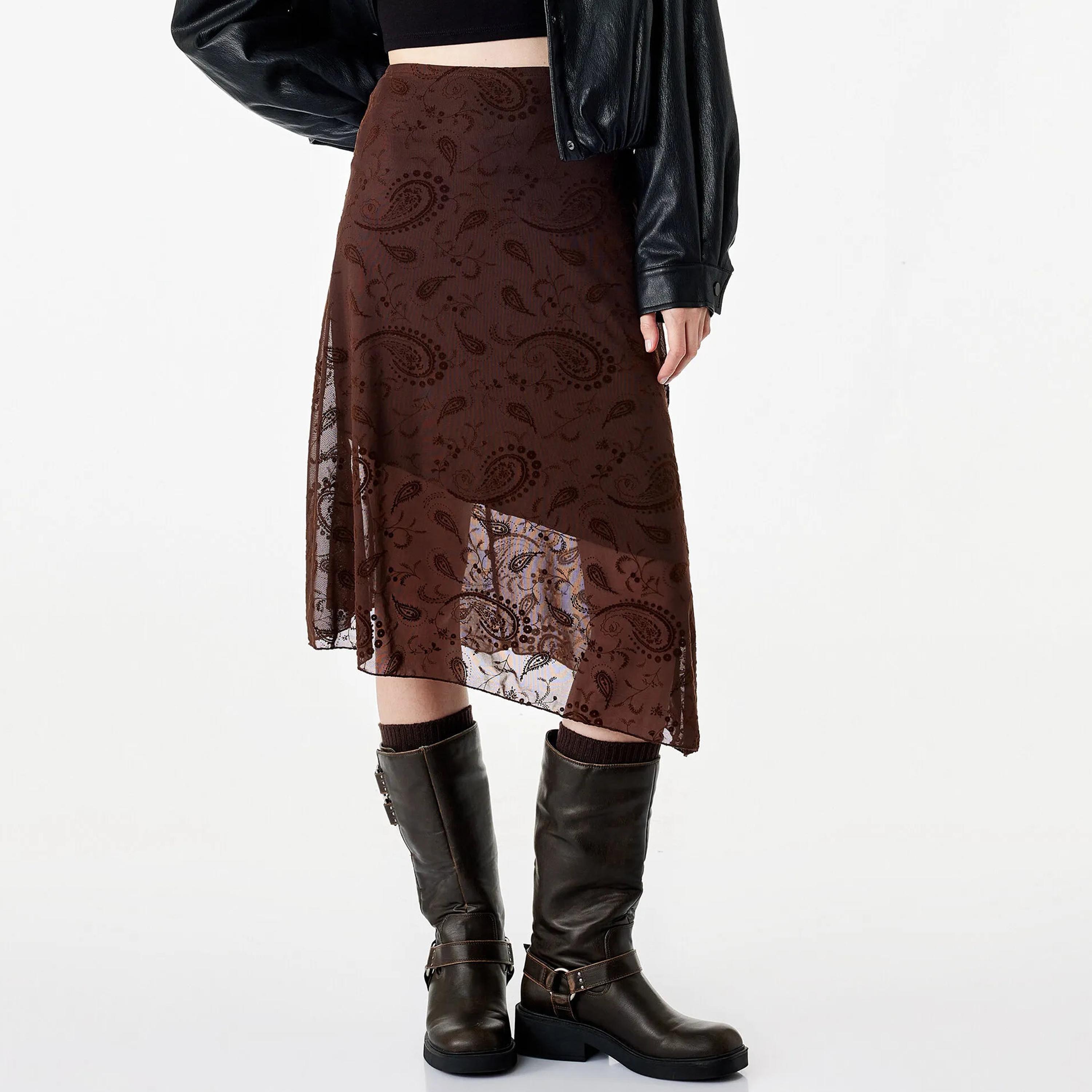 KOTON Brown Paisley Cotton A-Line Women's Midi Skirt-women-clothing-skirts-image-1