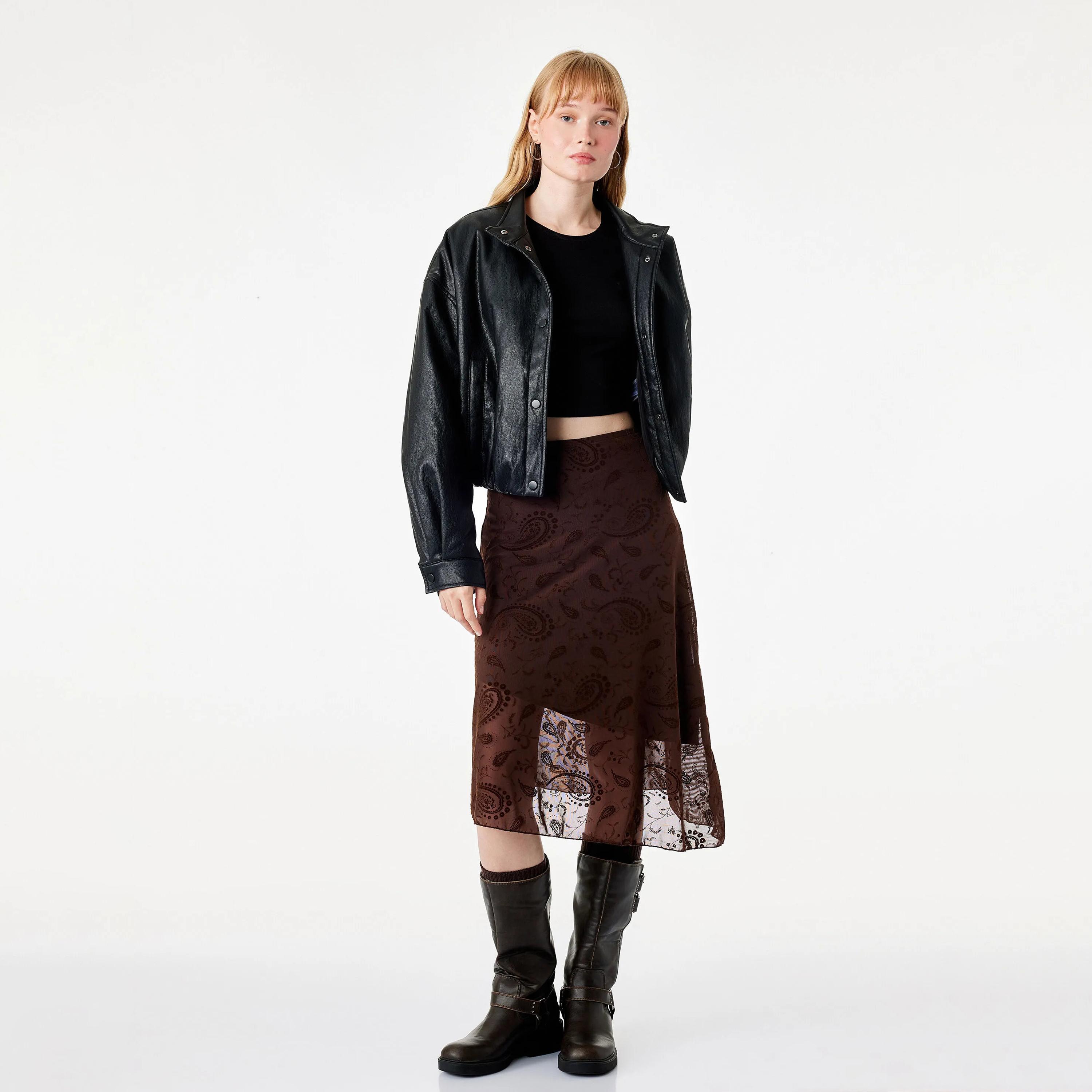 KOTON Brown Paisley Cotton A-Line Women's Midi Skirt-women-clothing-skirts-image-2
