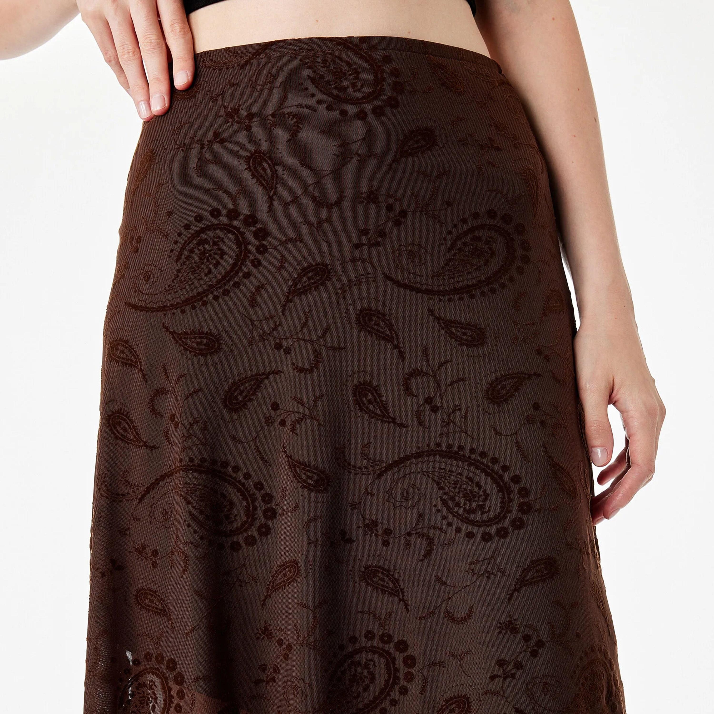 KOTON Brown Paisley Cotton A-Line Women's Midi Skirt-women-clothing-skirts-image-5