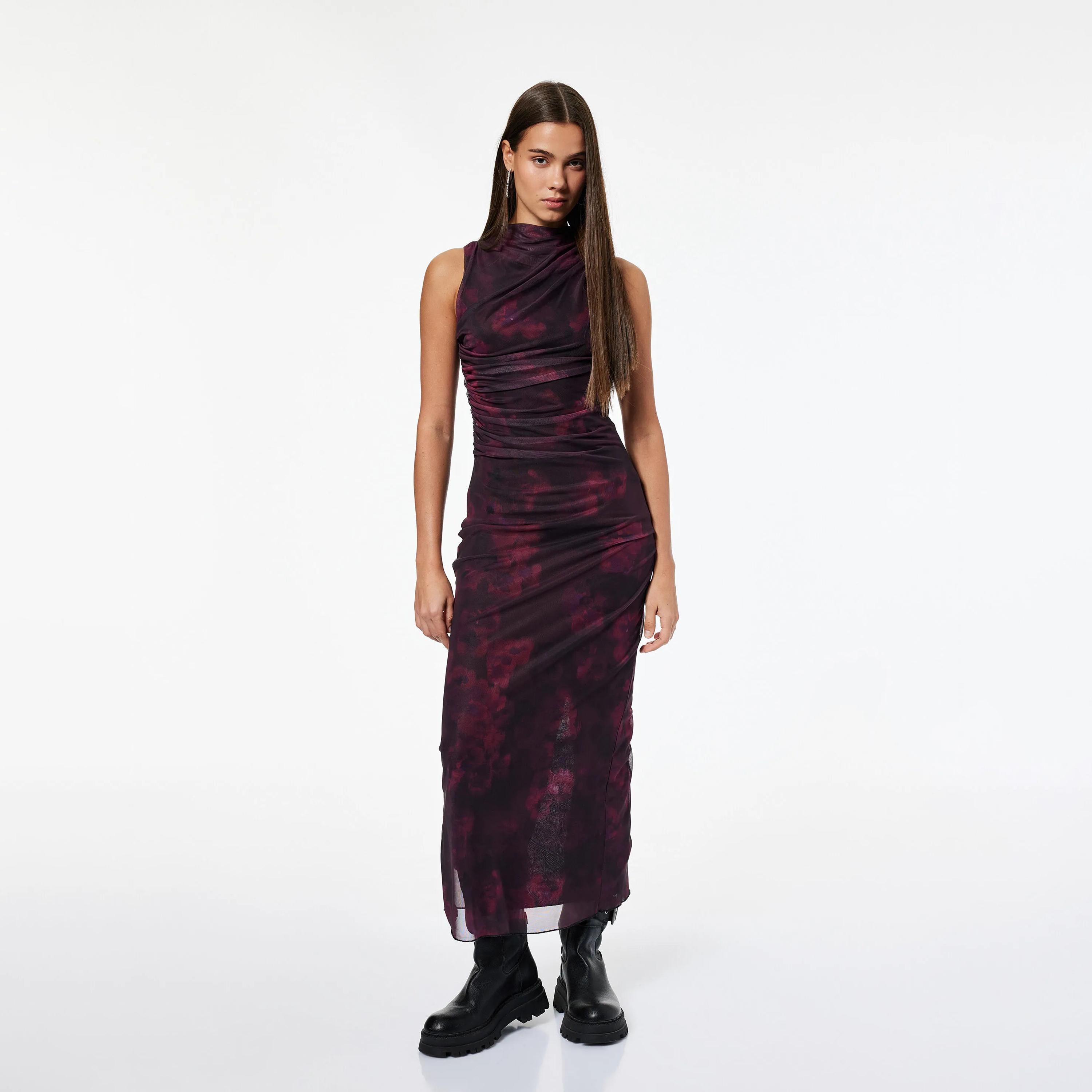KOTON Burgundy Abstract Floral Cowl Neck Column Women's Maxi Dress-women-clothing-dresses-image-1
