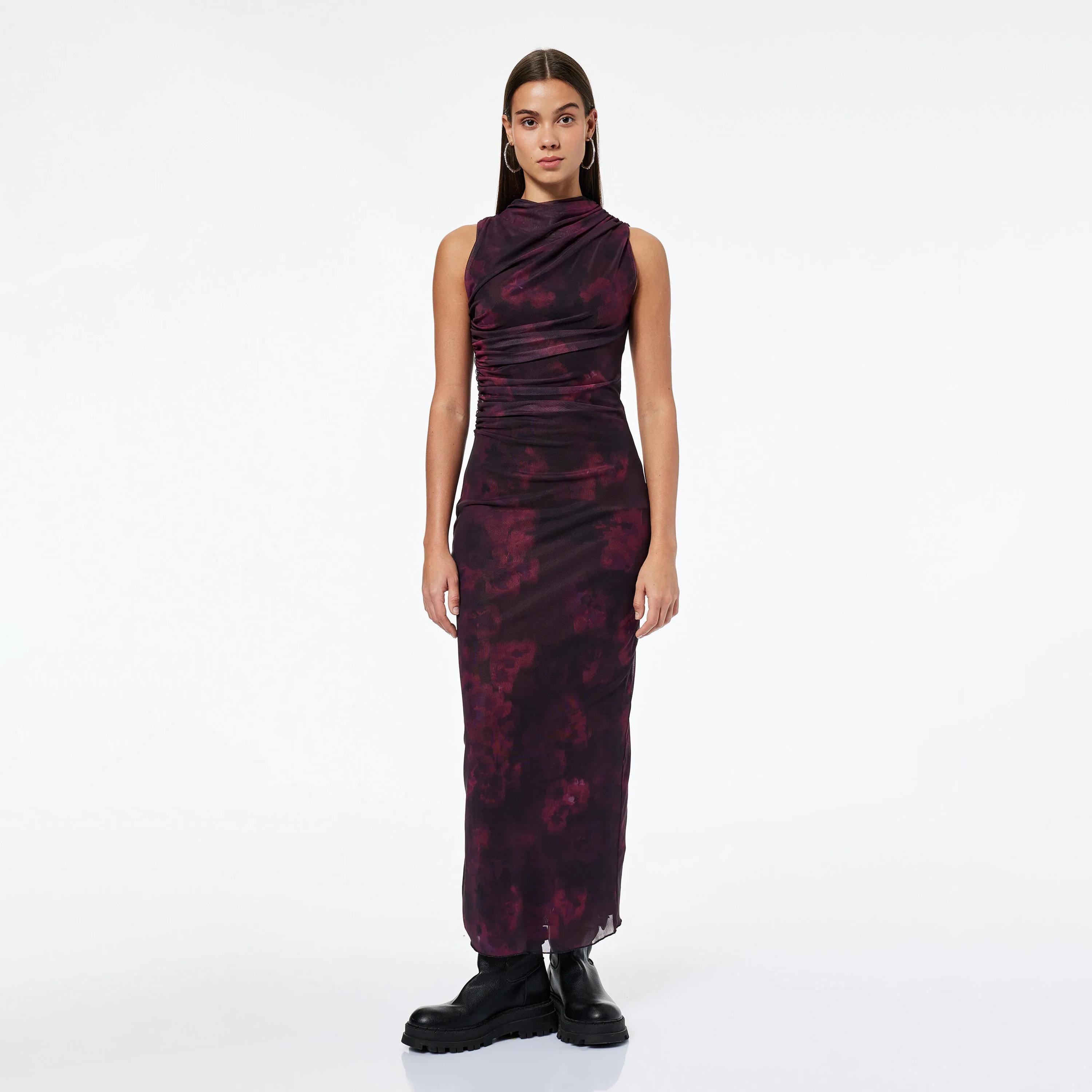 KOTON Burgundy Abstract Floral Cowl Neck Column Women's Maxi Dress-women-clothing-dresses-image-2