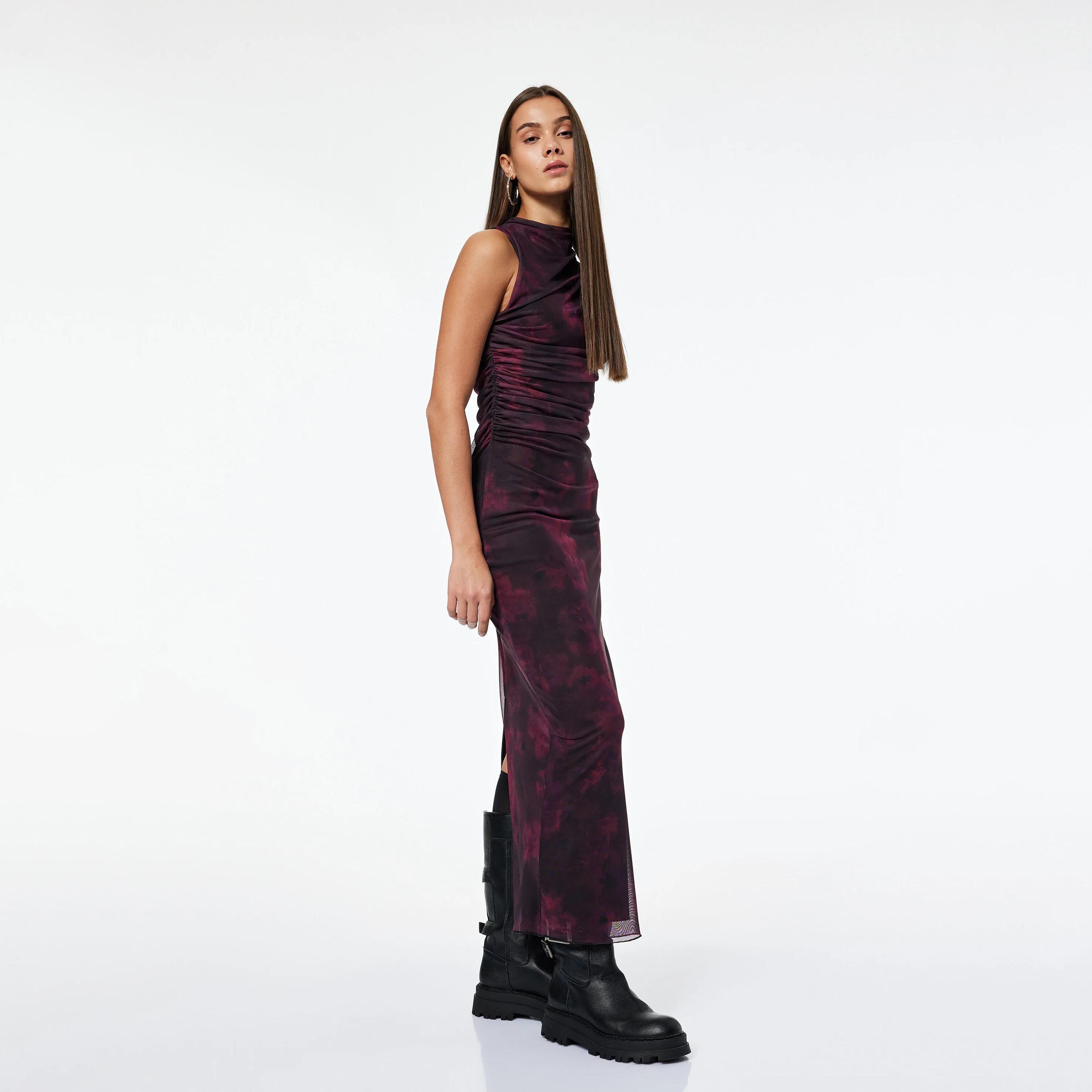 KOTON Burgundy Abstract Floral Cowl Neck Column Women's Maxi Dress-women-clothing-dresses-image-3
