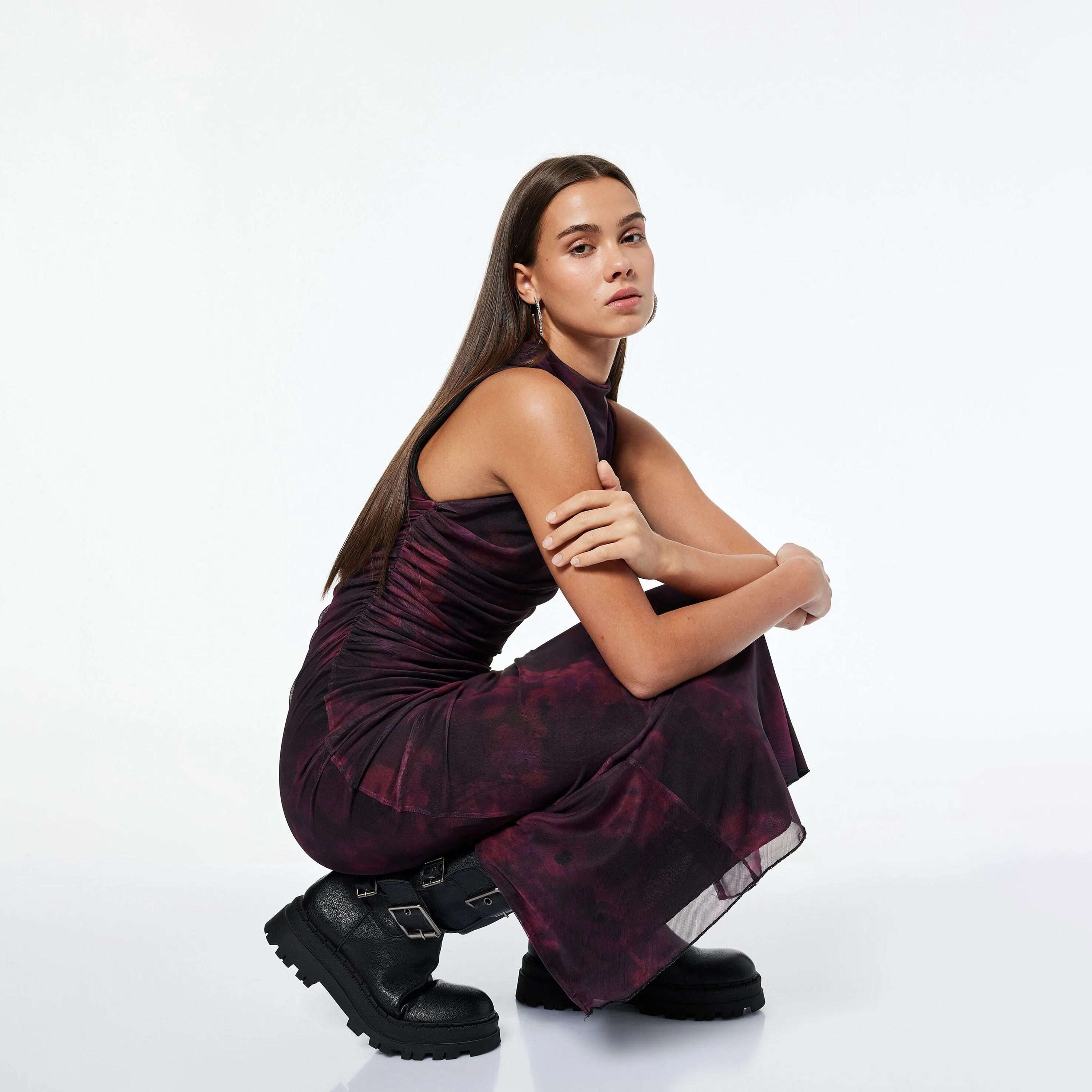 KOTON Burgundy Abstract Floral Cowl Neck Column Women's Maxi Dress-women-clothing-dresses-image-4