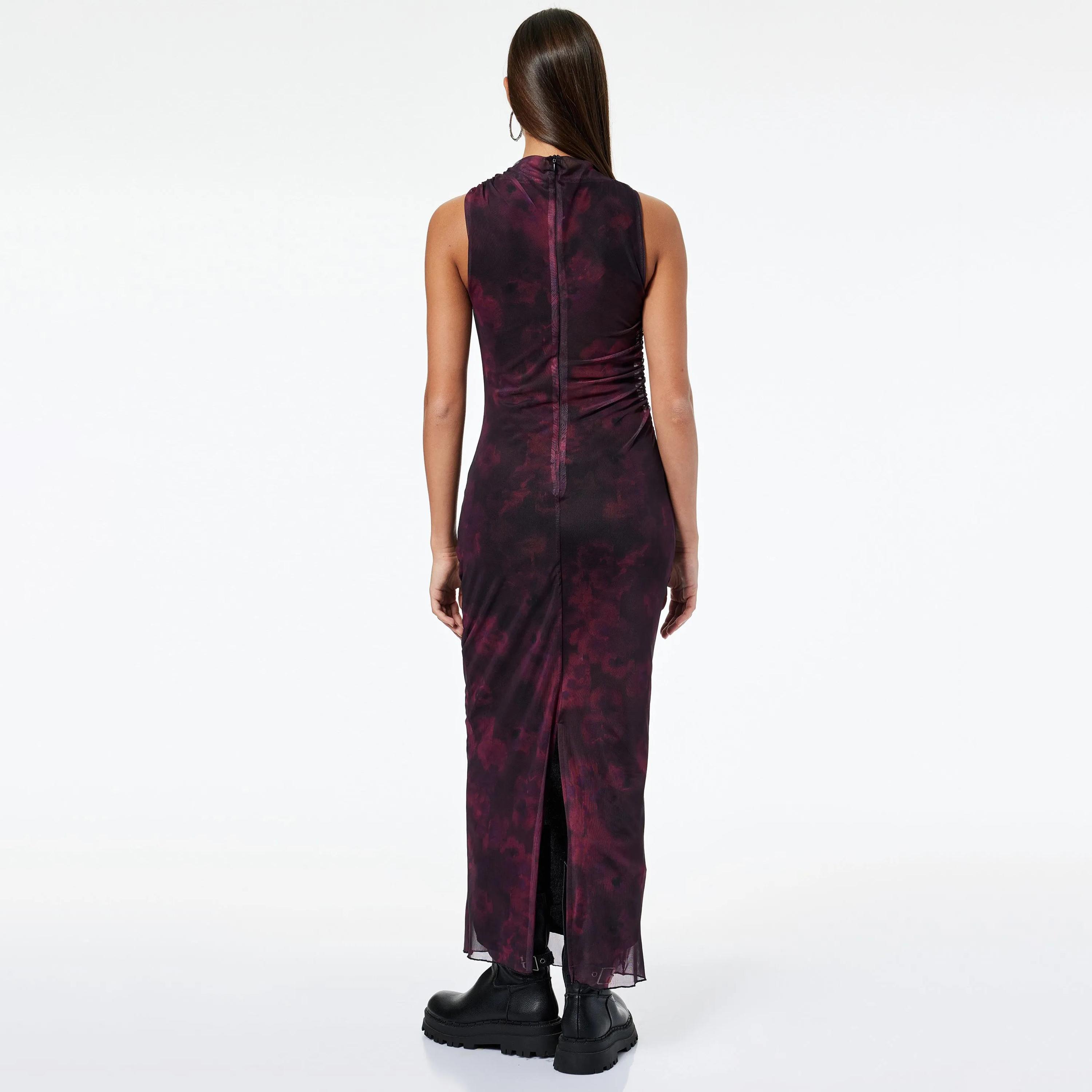 KOTON Burgundy Abstract Floral Cowl Neck Column Women's Maxi Dress-women-clothing-dresses-image-5