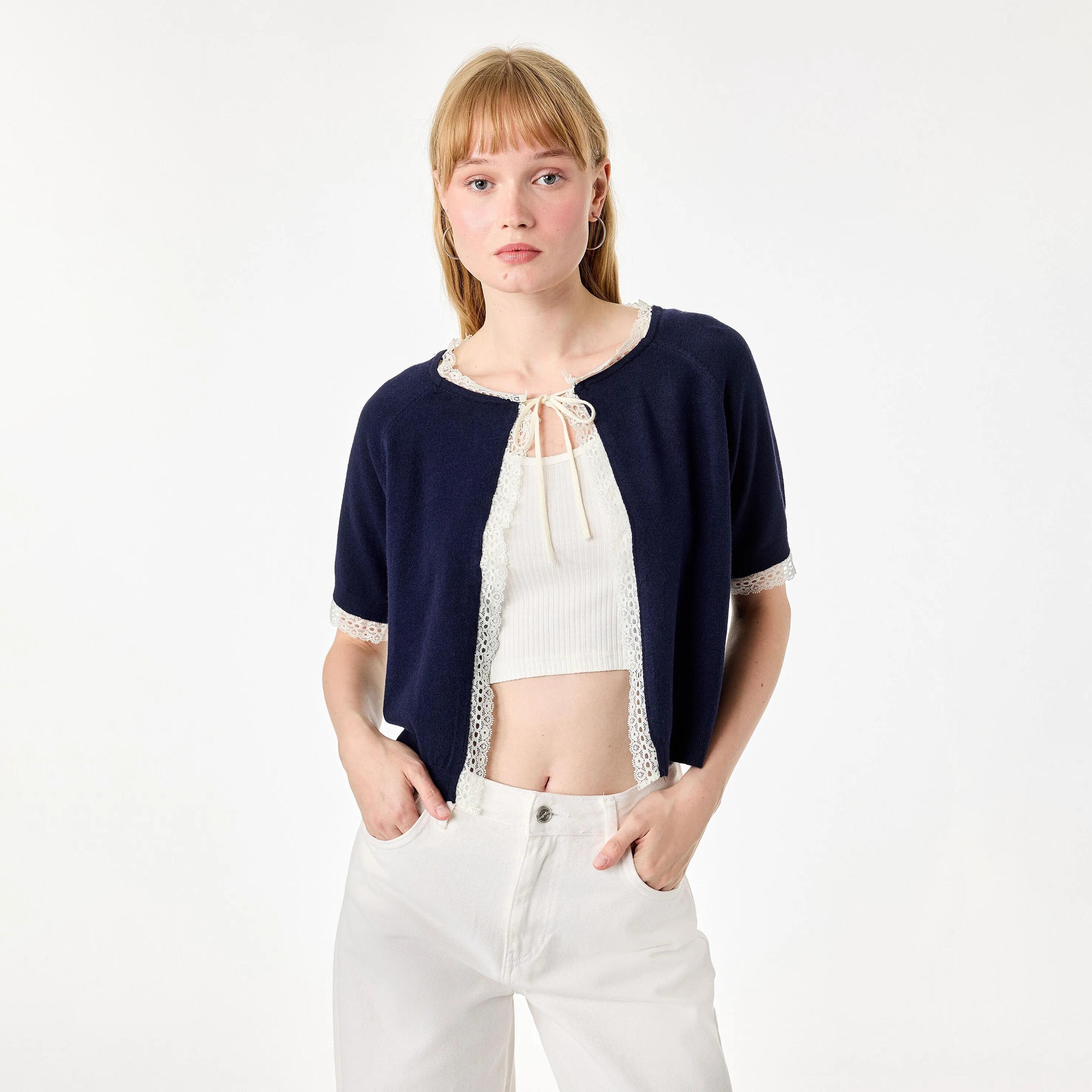 KOTON Navy Lace Trim Raglan Sleeves Women's Cardigan-women-winterwear-cardigansandjumpers-cardigans-image-1