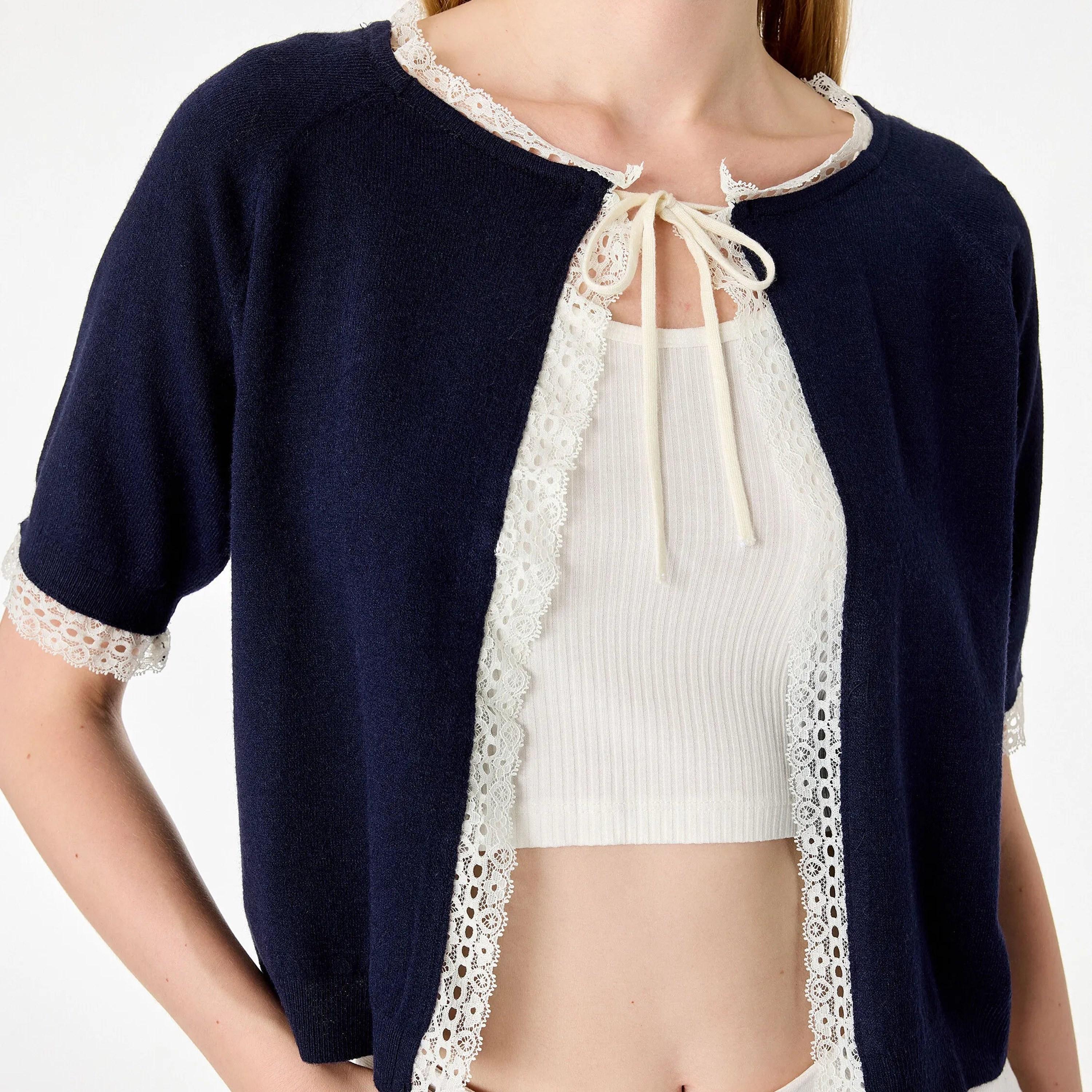 KOTON Navy Lace Trim Raglan Sleeves Women's Cardigan-women-winterwear-cardigansandjumpers-cardigans-image-5
